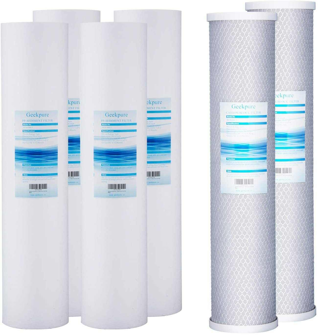 Geekpure Whole House PP Carbon Block Replacement Filters 5 Mic 4.5 x 20 Pack 6