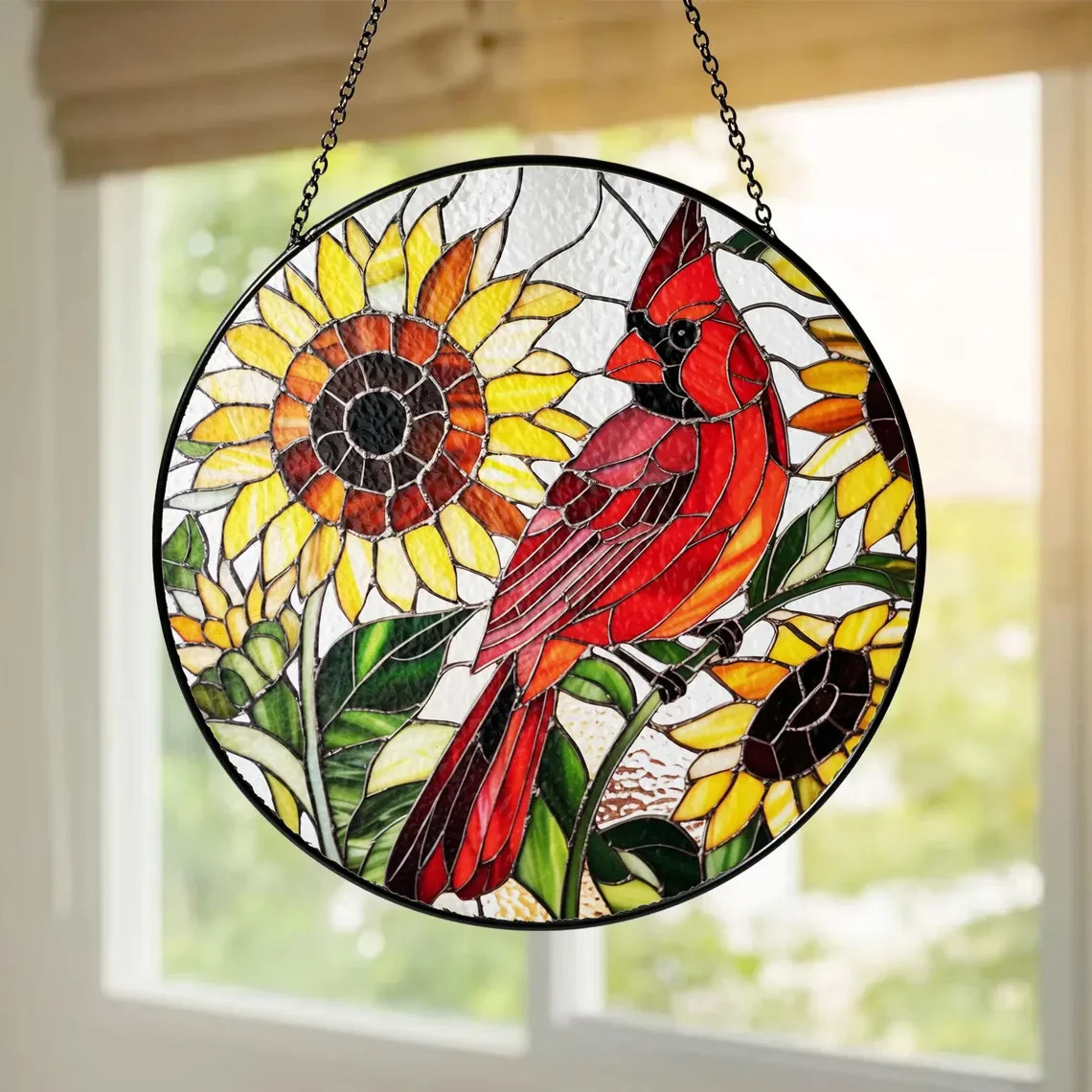Personalized Cardinal and Sunflowers Stained Glass Suncatcher, Decor Gift