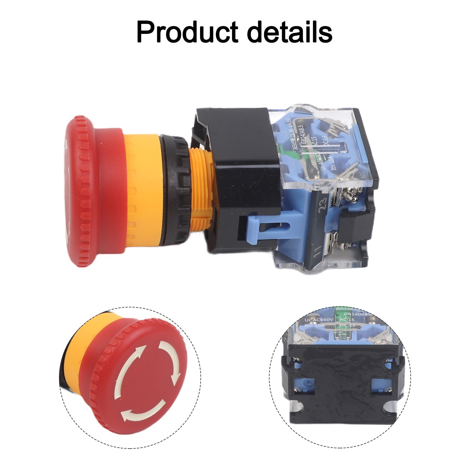 Push Button Switch with Mushroom Head 660V Maximum Voltage 22mm Diameter