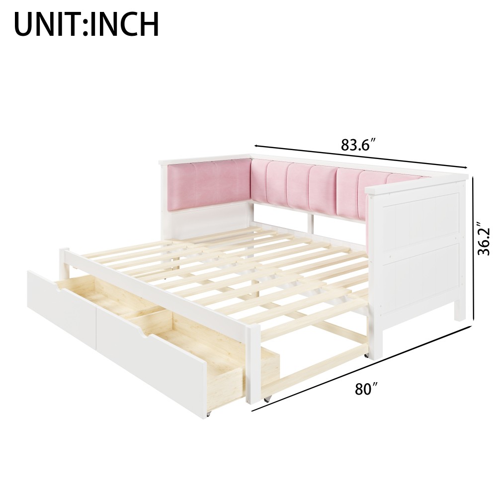 Pink & White Velvet Daybed Twin XL to King w/ Storage & Backrest