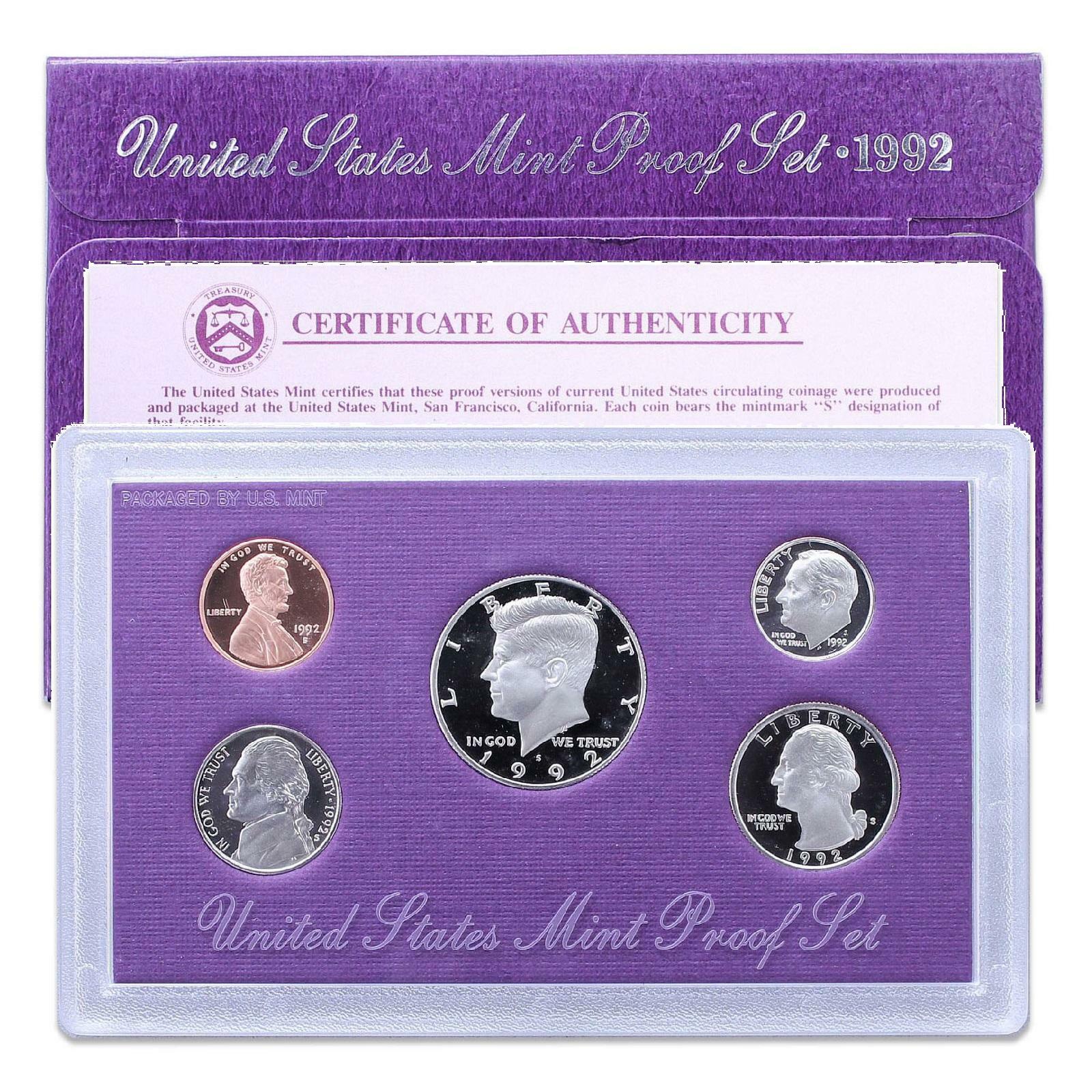 1992 S Proof Set Original Box & COA 5 Coins CN-Clad