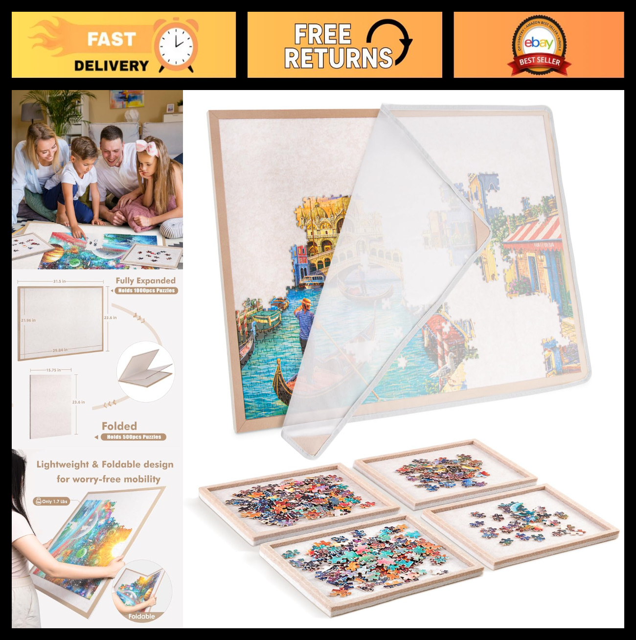 Large Puzzle Board with 4 Sorting Trays & Protective Cover for 1000 Pieces, 31.5