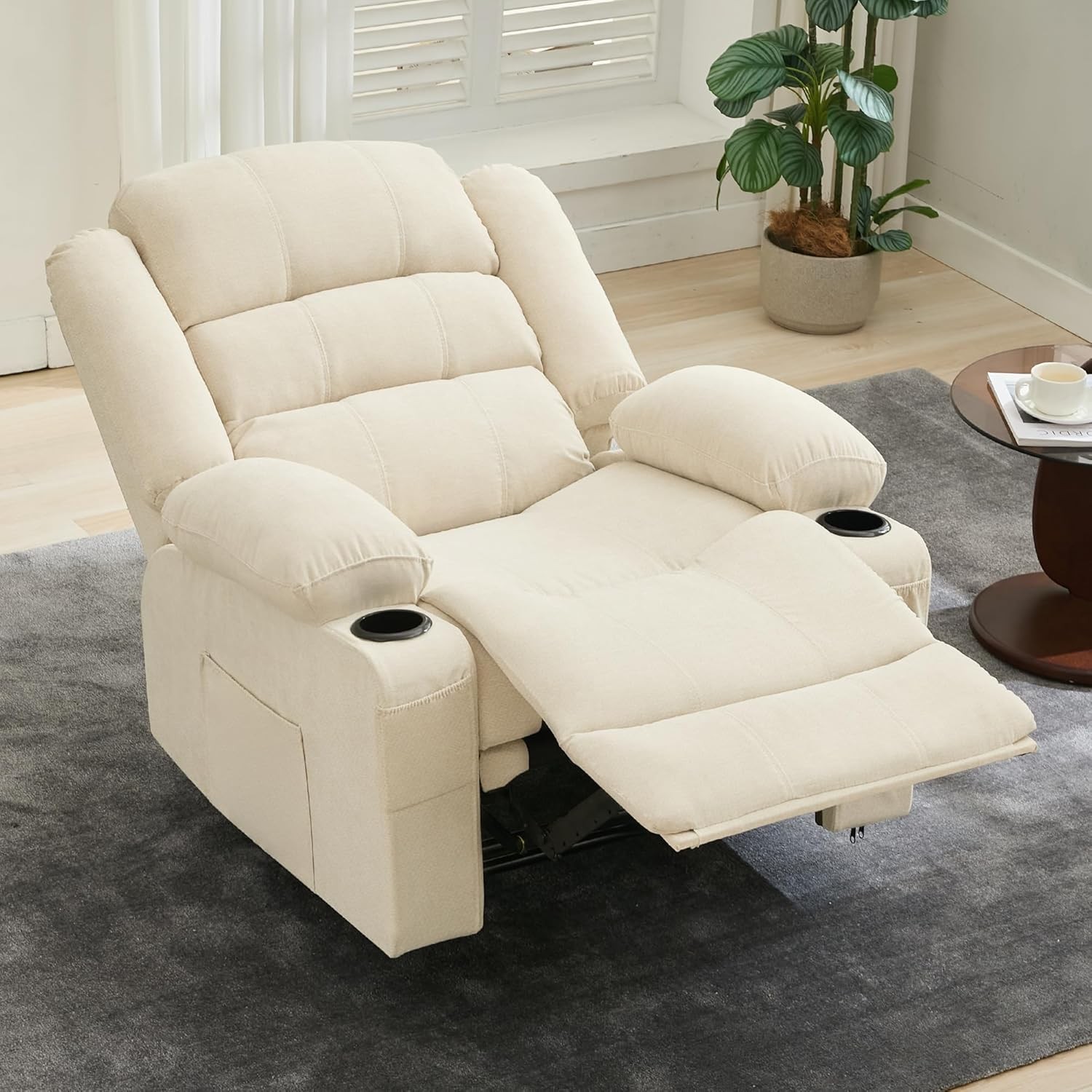 Oversized Recliner Chair with Pull Tab Recline Headrest Cup Holders Side Pockets