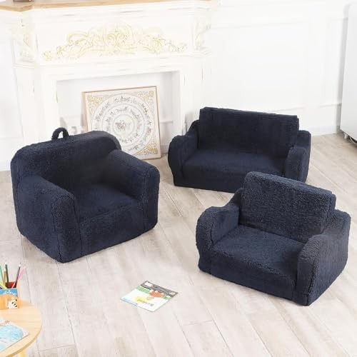 Cozy Kids 2-in-1 Flip-Out Foam Sofa Lounge Chair with Soft Sherpa Cover - Dark B