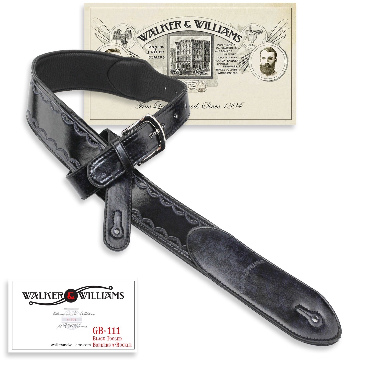 Walker & Williams GB-111 Black Tooled Edge Padded Strap with Buckle Adjustment
