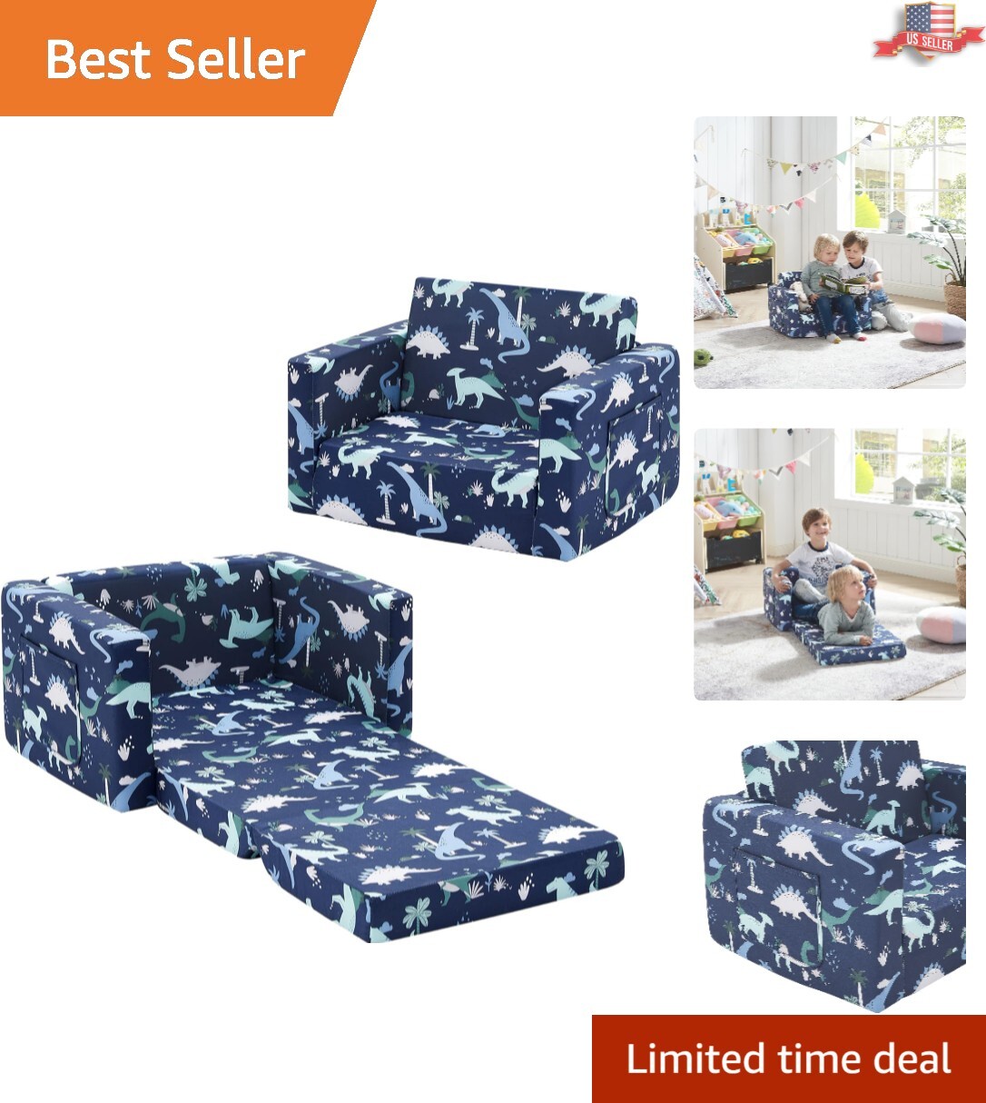 Lightweight Navy Dinosaur Kids Flip-Out Sleeper Sofa Chair with Storage Pocket
