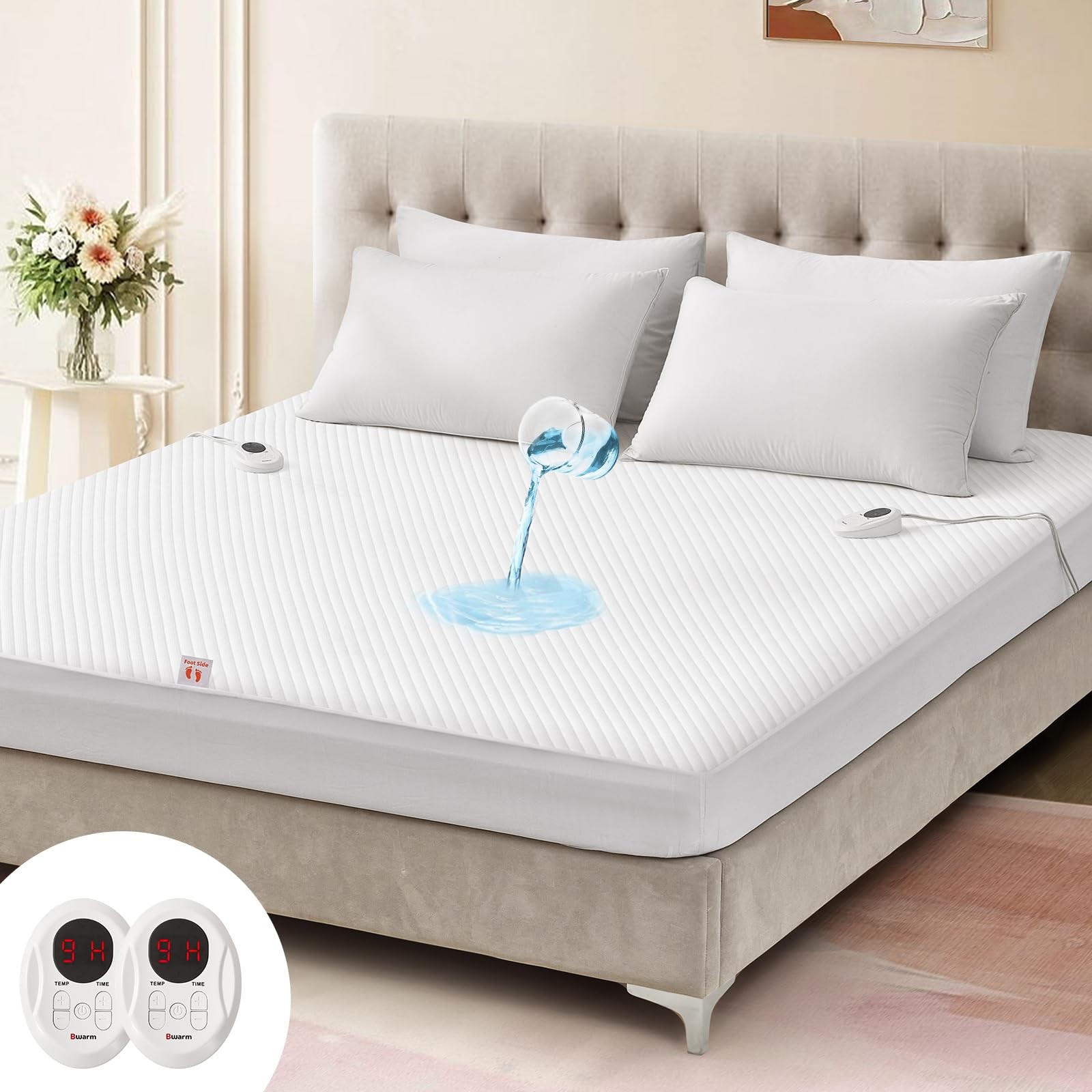 Bwarm Waterproof Heated Mattress Pad, ETL Certified California King, White
