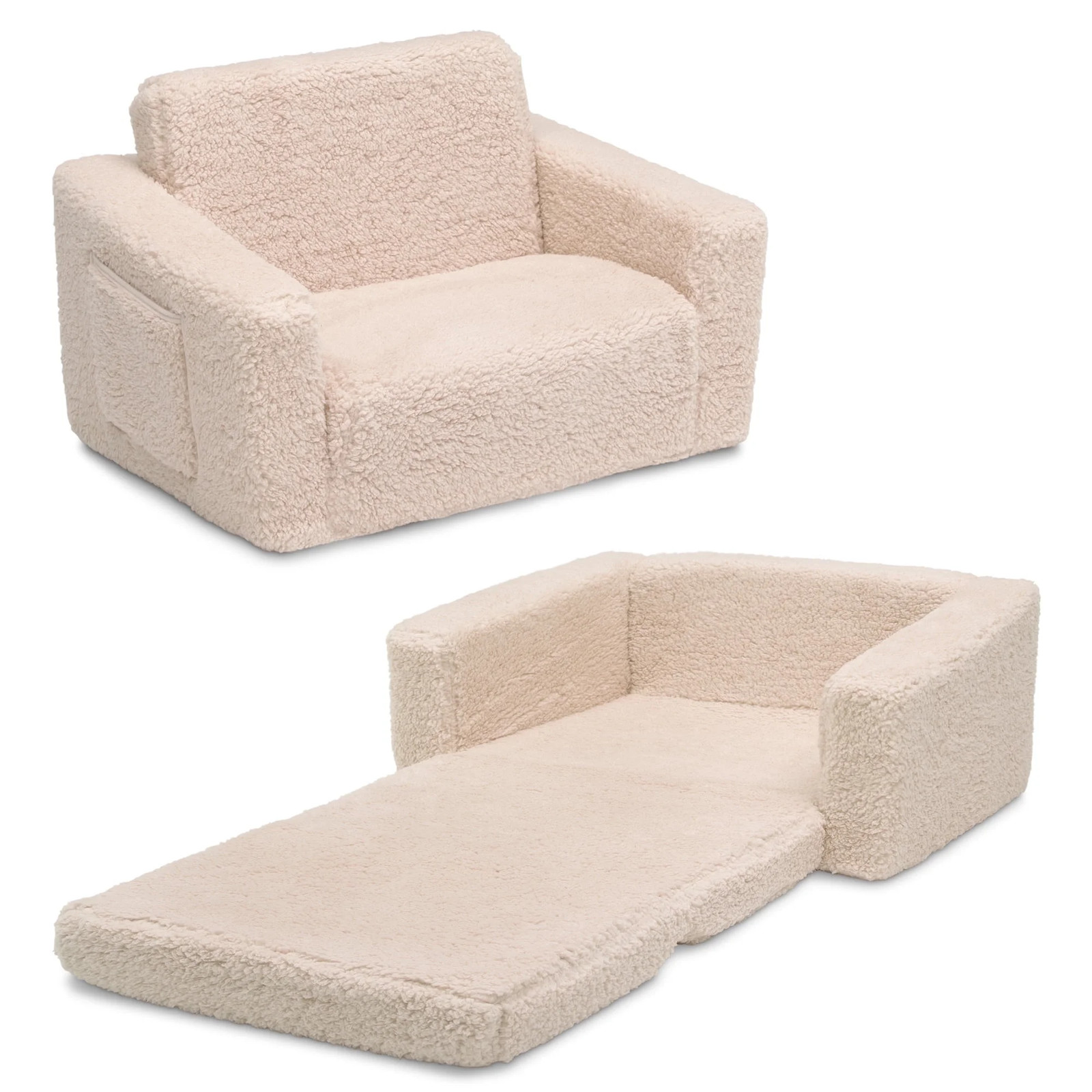 Cozee Flip-Out Sherpa 2-In-1 Convertible Chair to Lounger for Kids, Cream