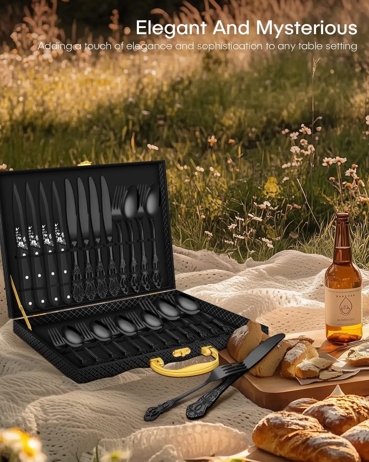 Black Silverware set with Steak Knives, 24PCS Retro Royal Flatware Set for 4