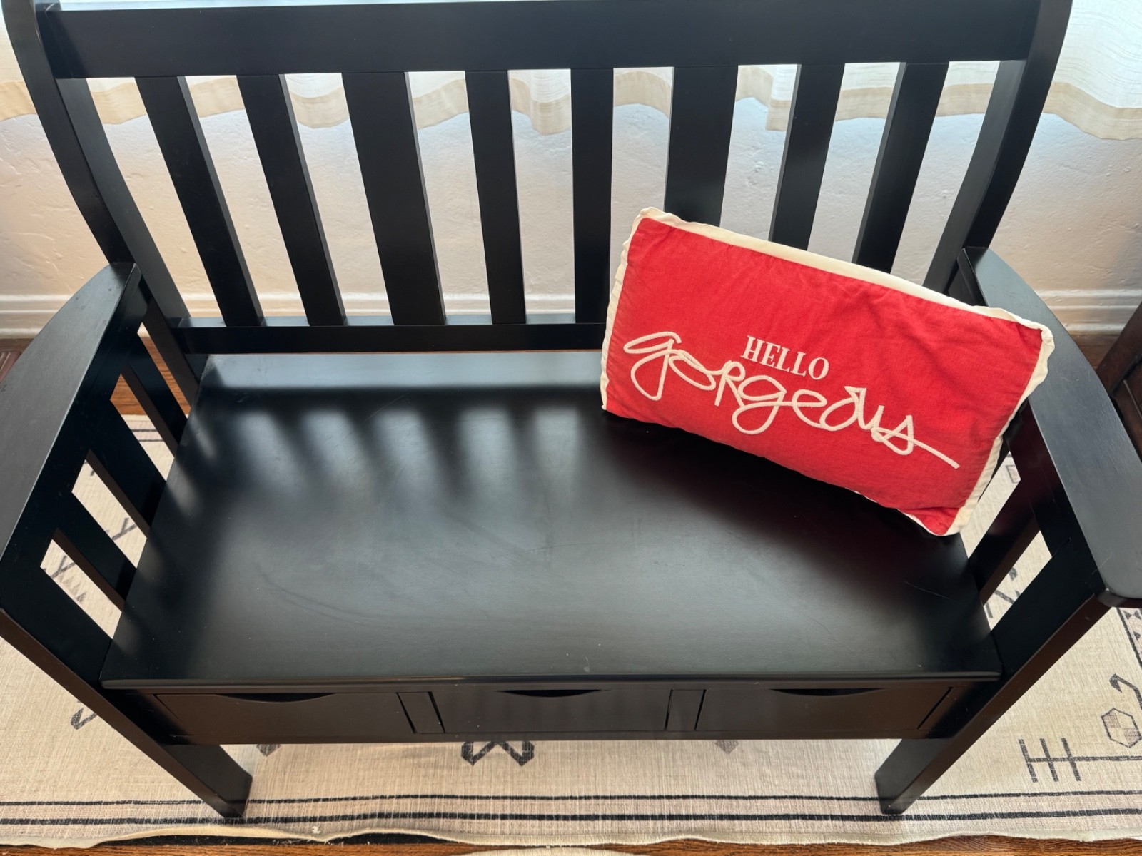 Solid Wood Slat Back Storage Bench Seats Two  (ASSEMBLED)