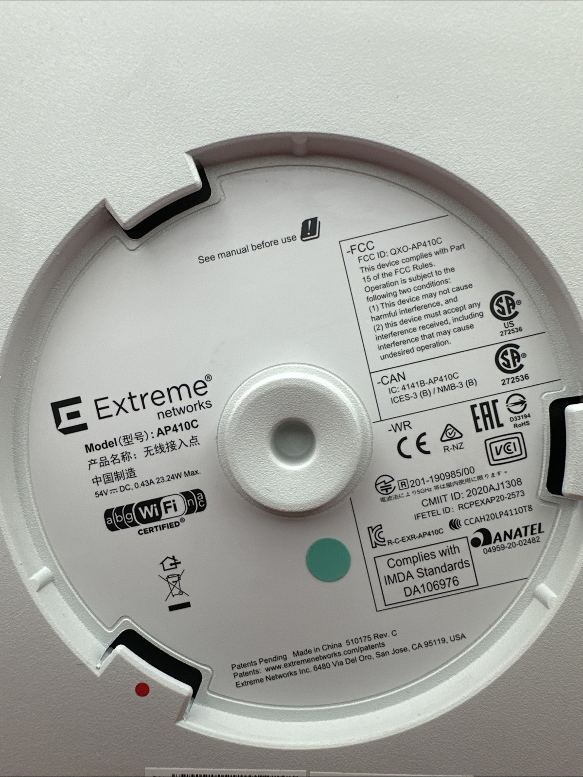 Extreme Networks AP410C 4800 Mbps Wireless Access Point /NO Mounting brackets