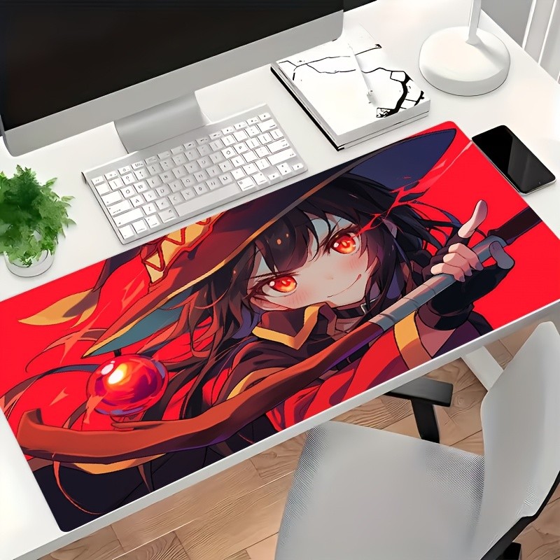 A Large Mouse Pad Featuring a Red-Haired Witch Holding a Sword And a Red Orb A