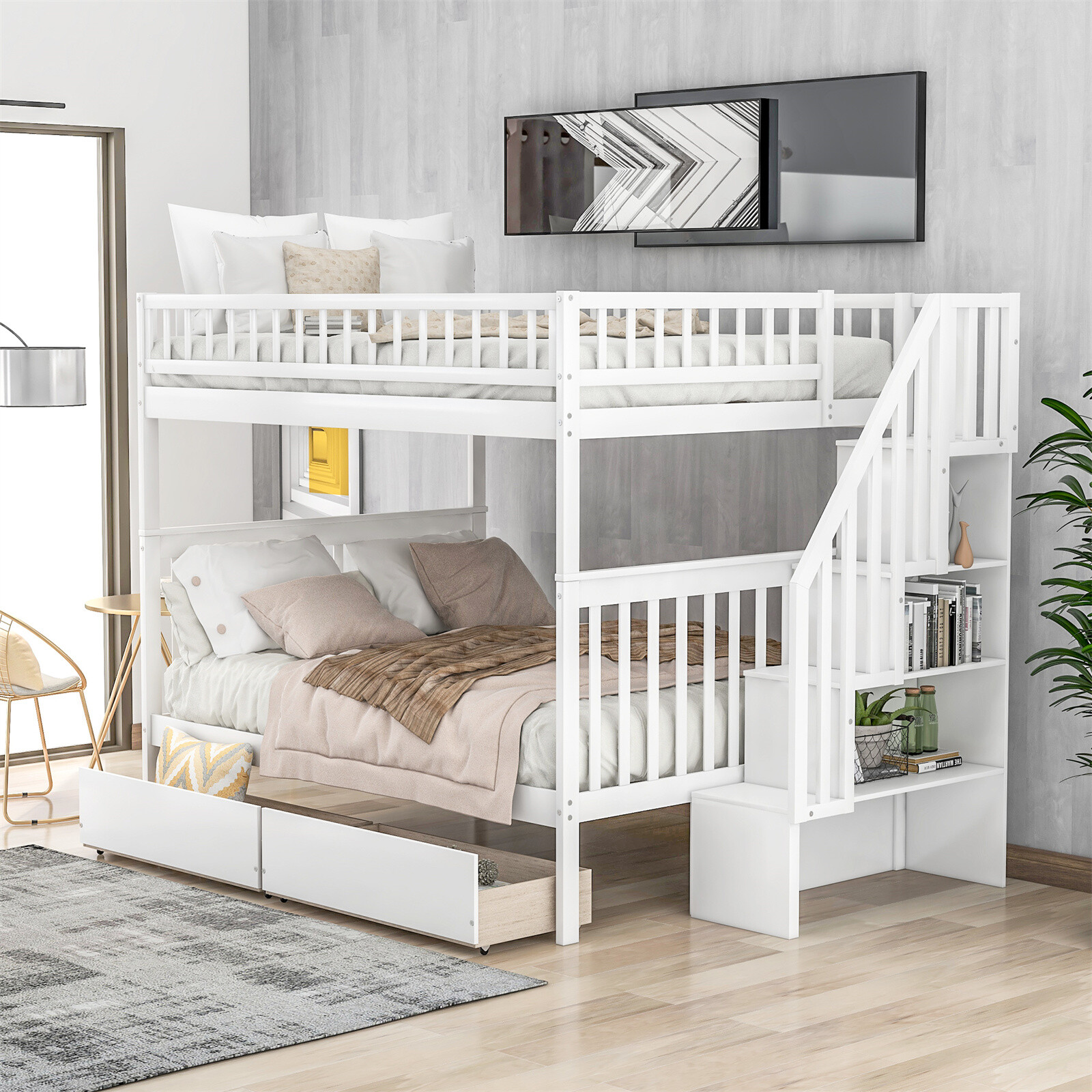 Bunk Beds Full Over Full Kids Adult Wood Loft Bunk bed with storage for Bedroom
