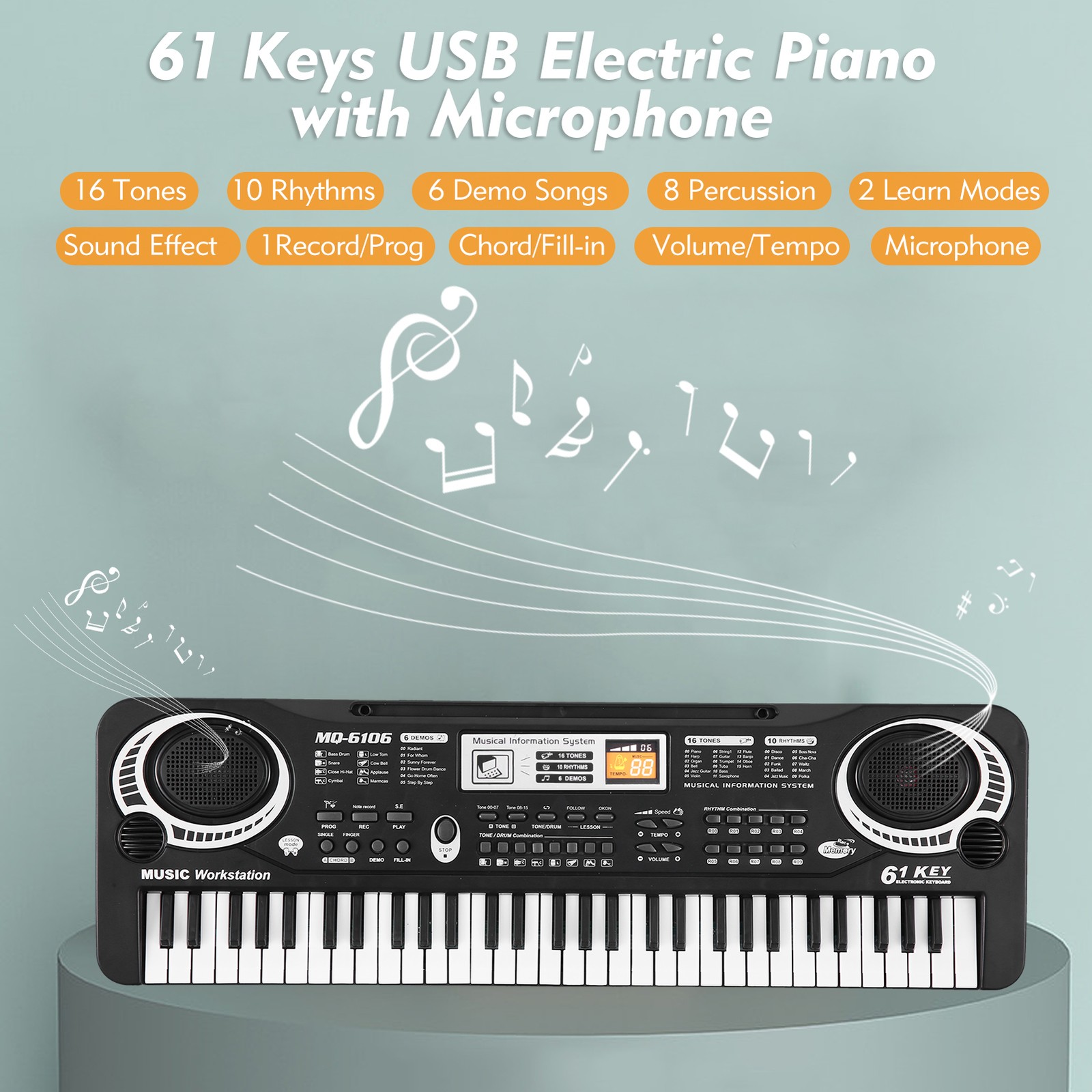 61 Keys USB Keyboard Complete Accessory Microphone Cable For Beginner Kids