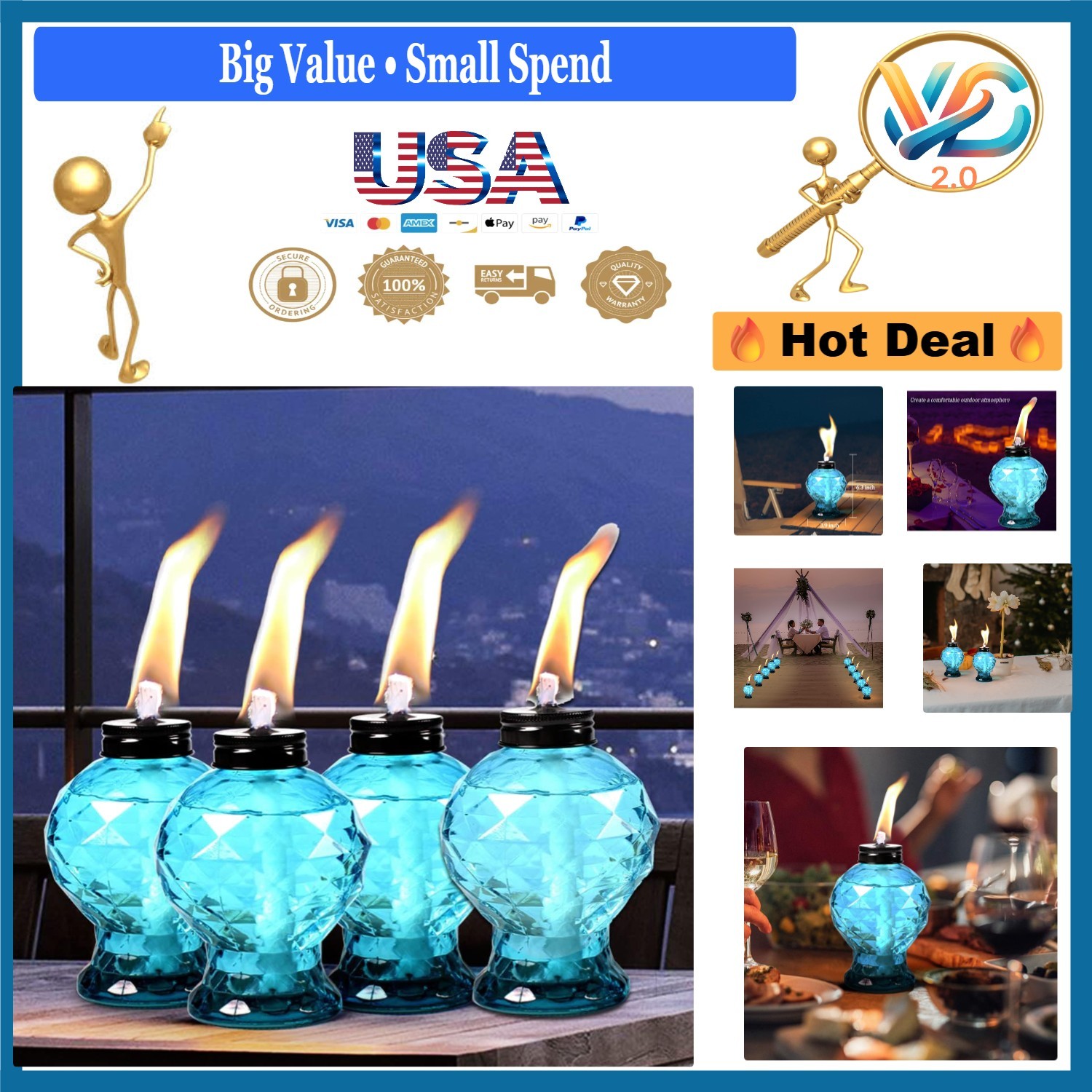 4 Pack Glass Table Top Torches Outdoor Citronella Lanterns for Patio Garden