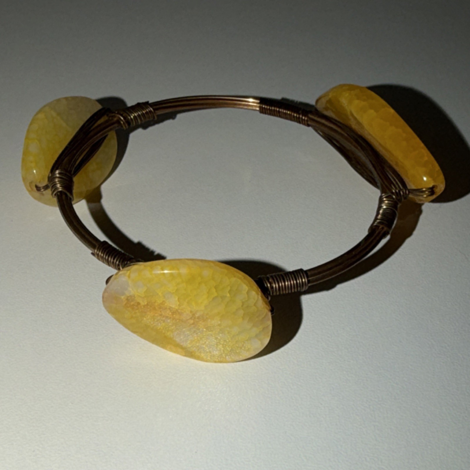 2 Handcrafted Wire Wrapped Agate Bangle Bracelet Yellow Brown Stone