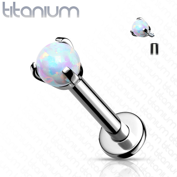 16G 1/4" IMPLANT TITANIUM INTERNALLY THREADED CLAW SET OPAL LABRET TRAGUS STUD