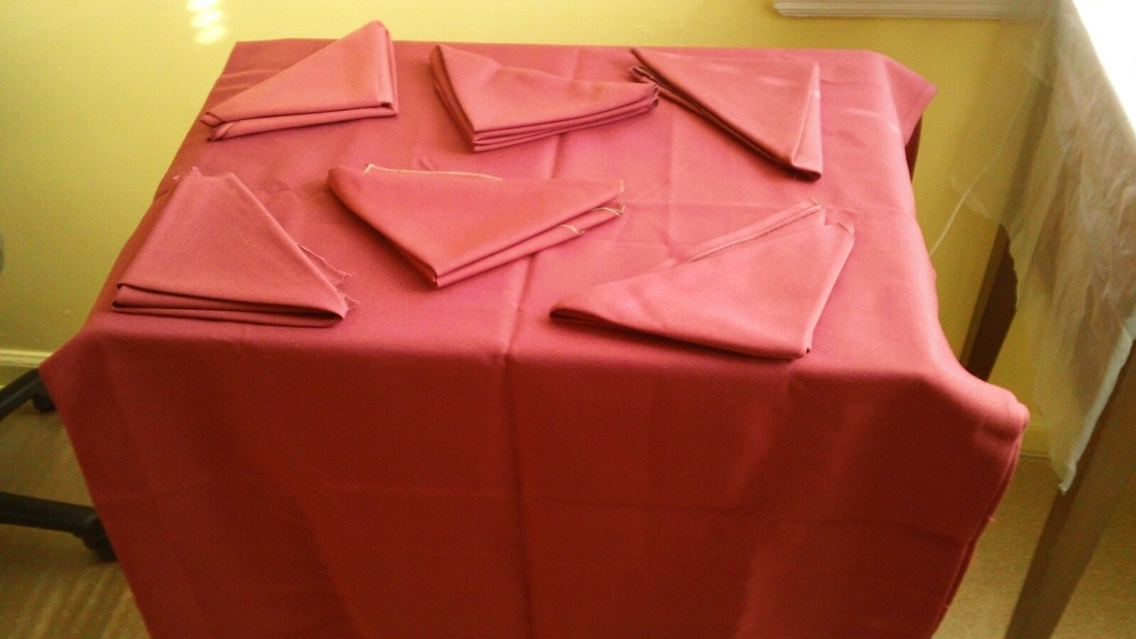 COLOR MAROON, TABLE CLOTH (2) WITH (12) NAPKINS,  60" X 60" (1), 56" X 50" (1)