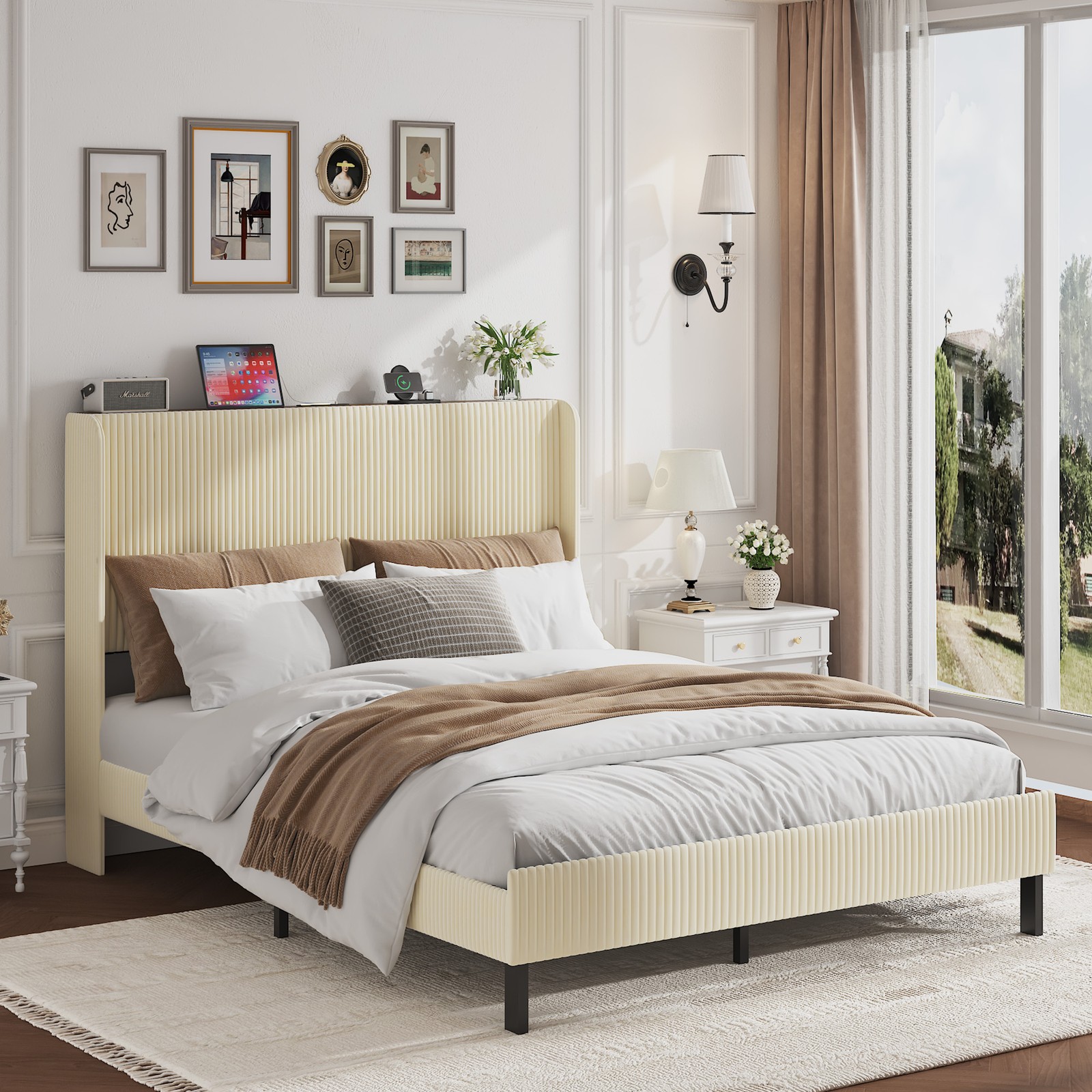 Queen Size Platform Bed , Metal Bed Frame with Charging Station, No Box Spring