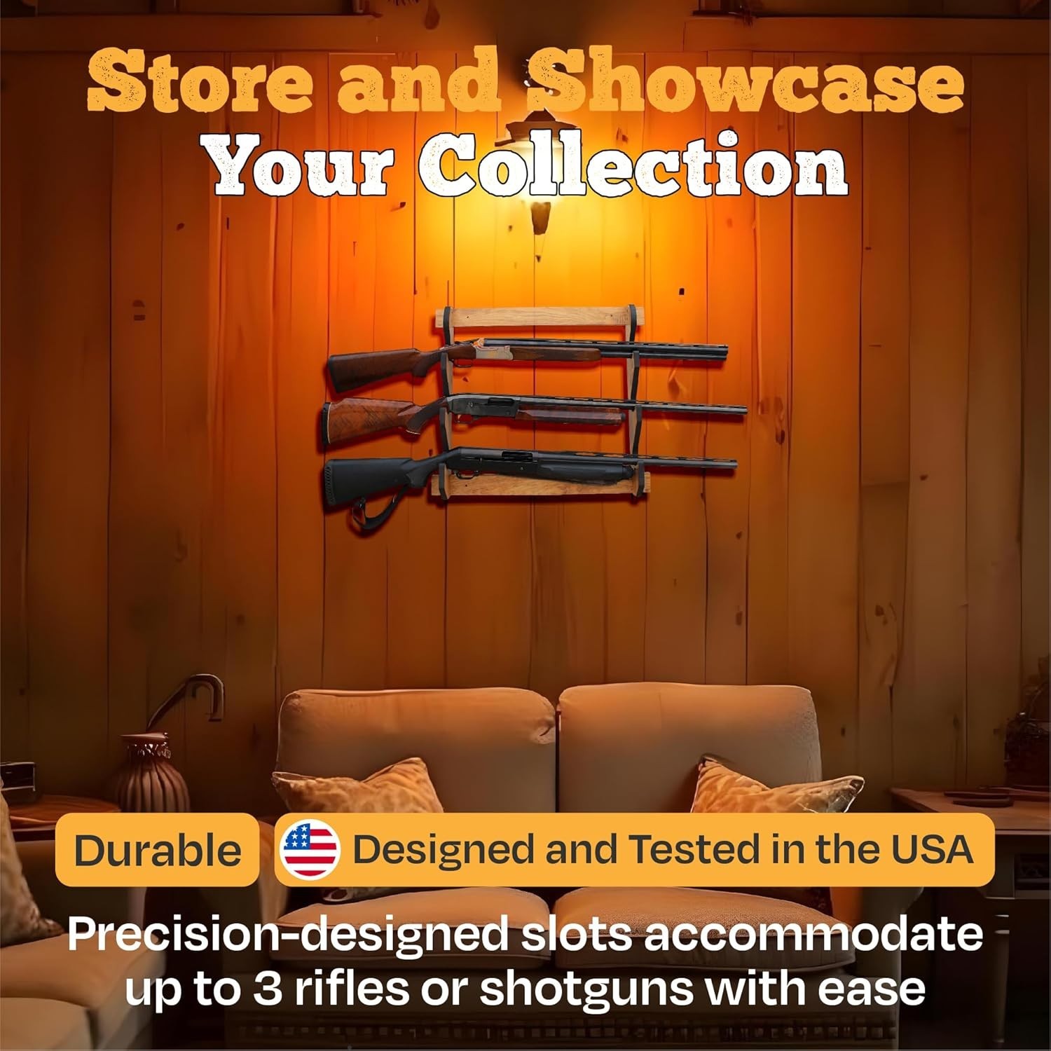 Wooden Gun Rack Indoor Storage for 3 Rifles Shotguns Premium Wood Display Wall