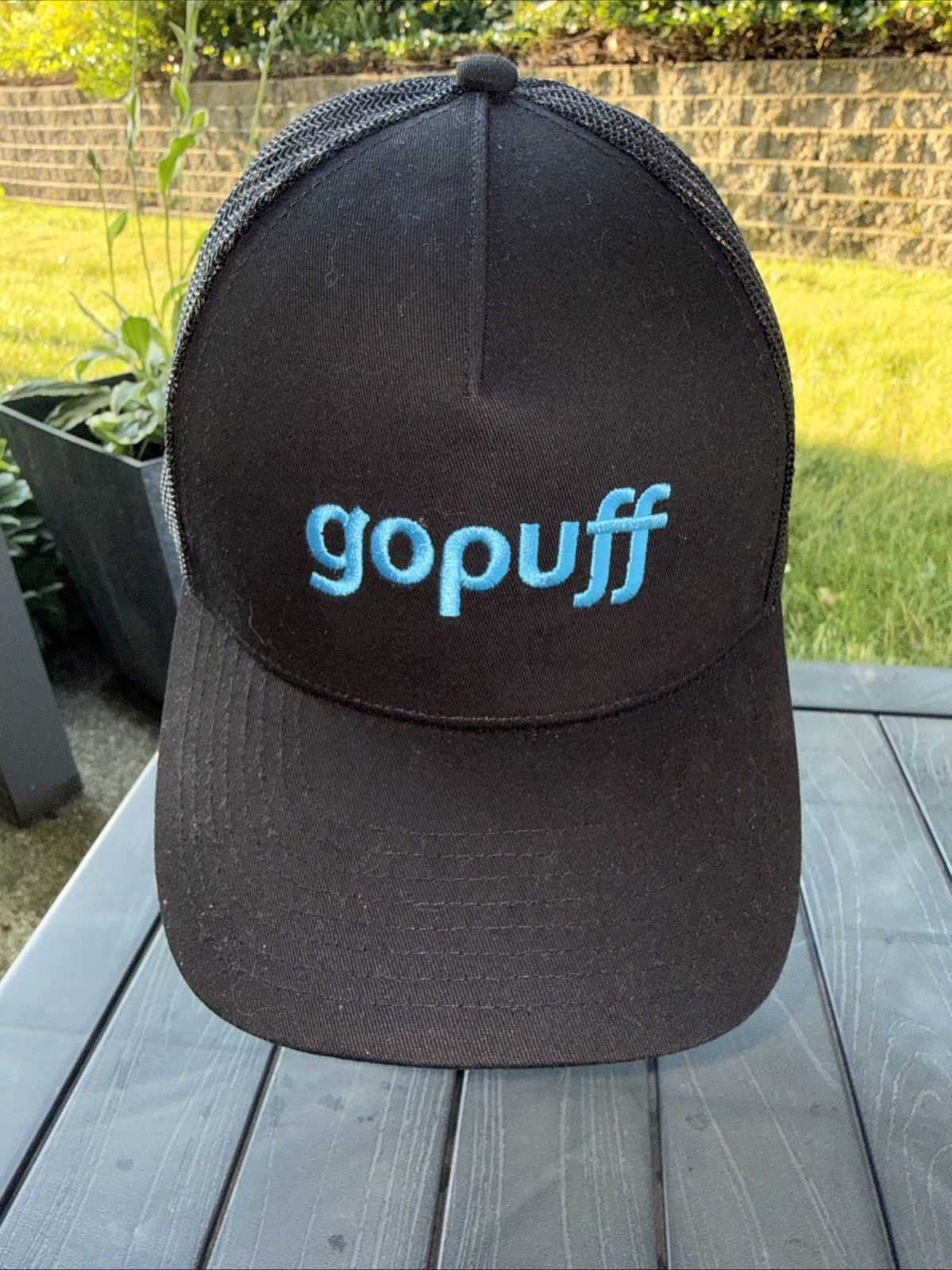 Go puff in lite blue on black fabric w black mesh Trucker  hat cap Snapback EUC