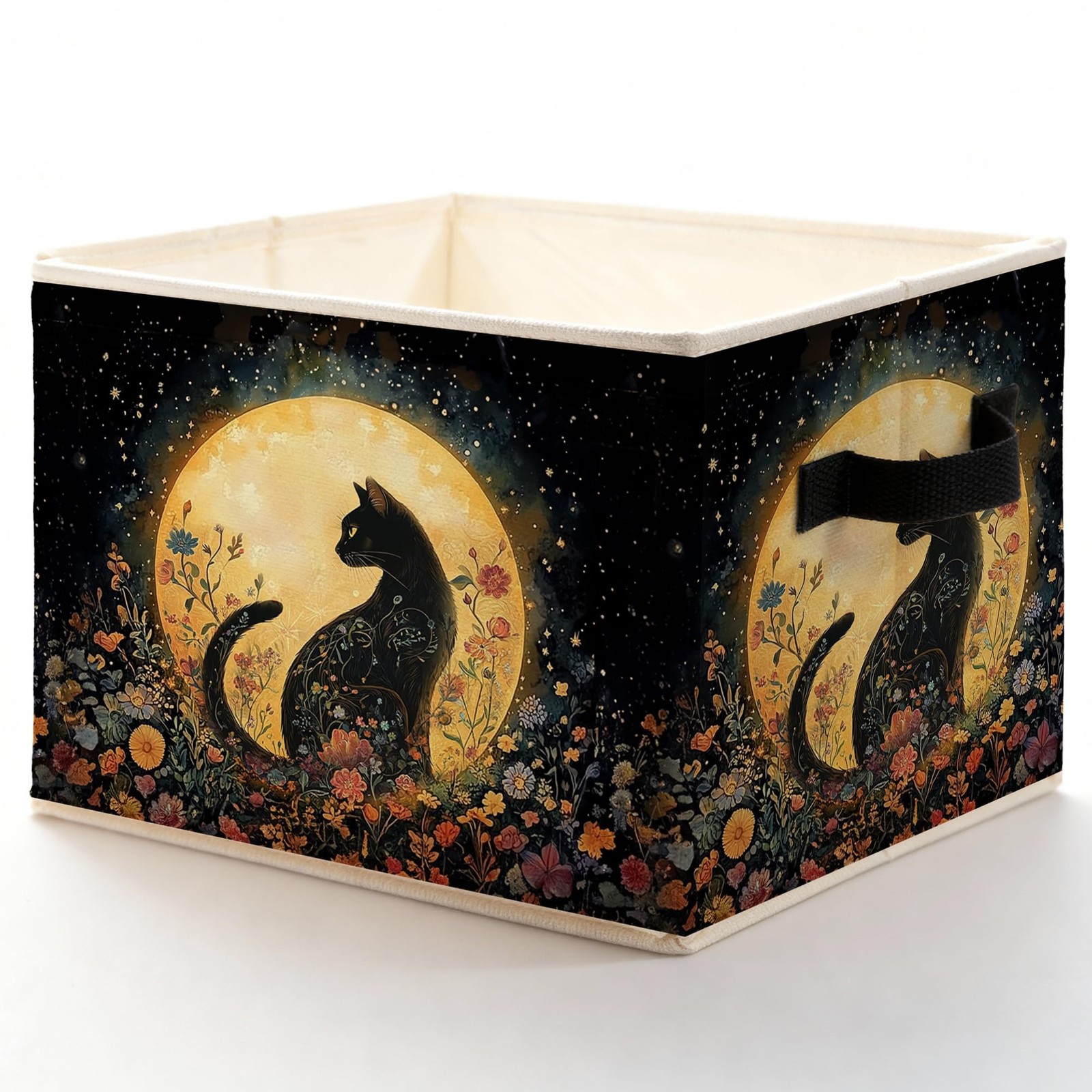 Witchy Moon Black Cat Floral Storage Bins with Handles, Mystical Celestial Co...