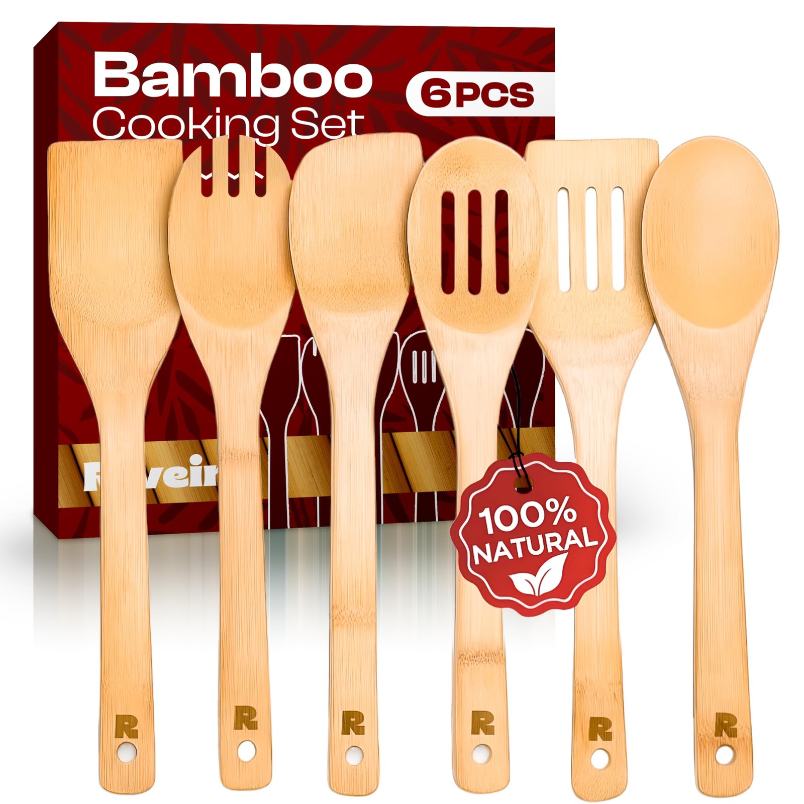 Riveira Bamboo Cooking Spoons 6-Piece – Wooden Cooking Utensils Set with Wood...
