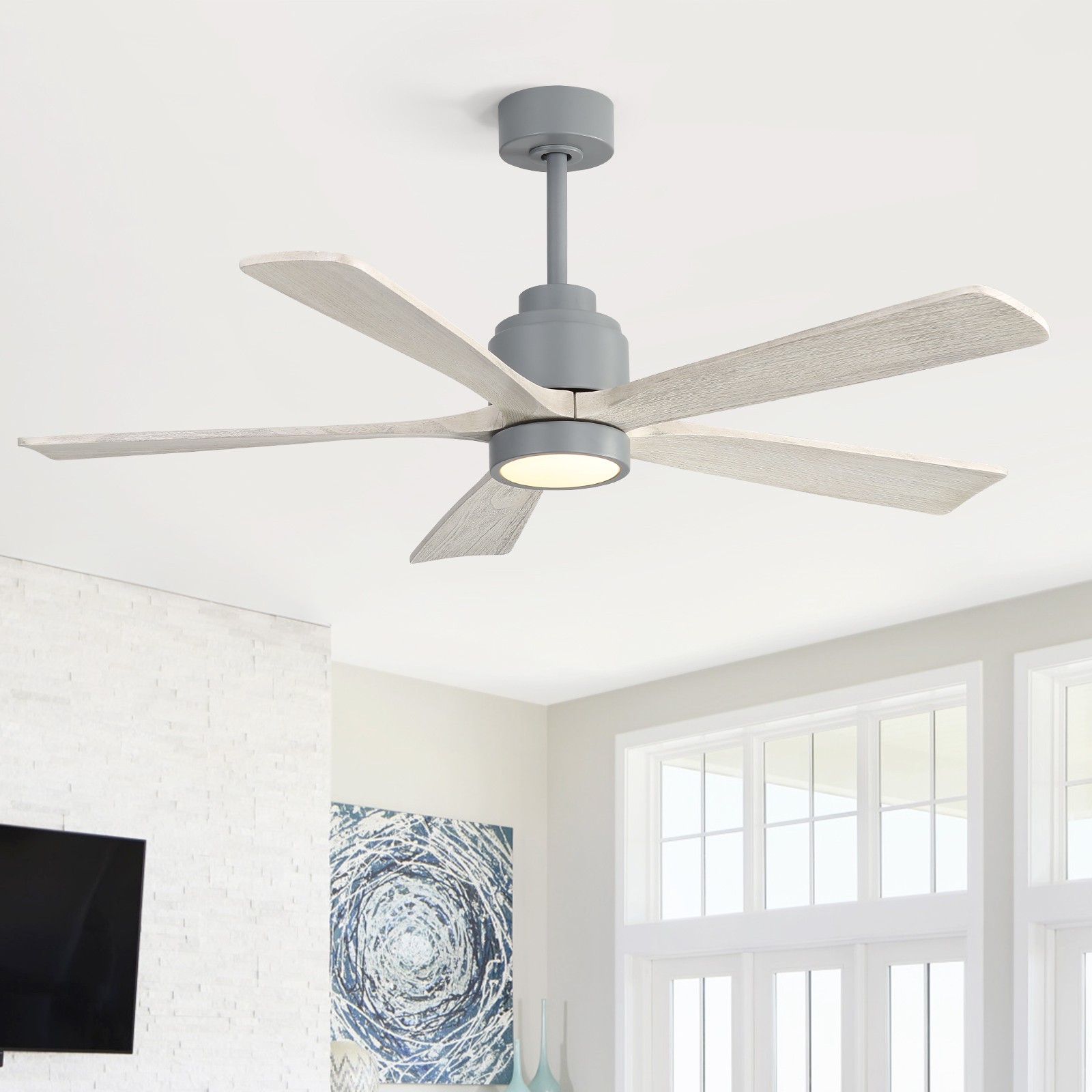 52in Solid Wood Ceiling Fan with Light and Remote Control Quiet Reversible Motor