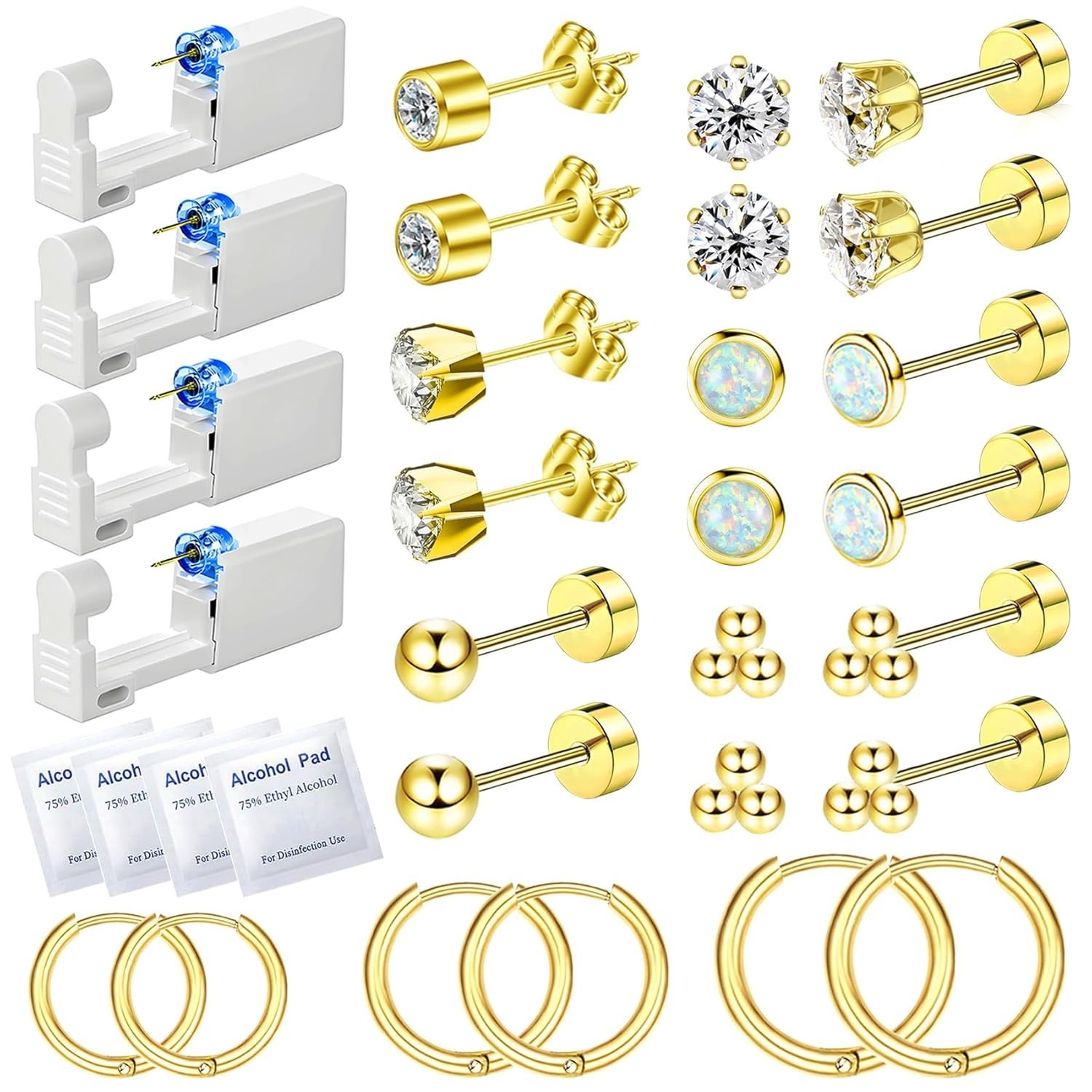 26 Pcs Ear Piercing Kit Ear Disposable Piercing Gun Kit Includes 4 Pcs Self P...