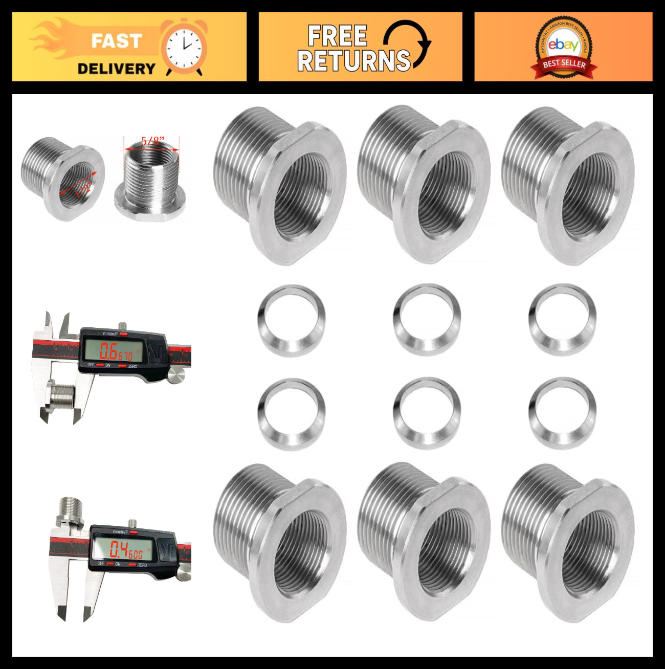 1/2x28 to 5/8x24 Thread Adapter Set with Crush Washers - Stainless Steel, 6pcs
