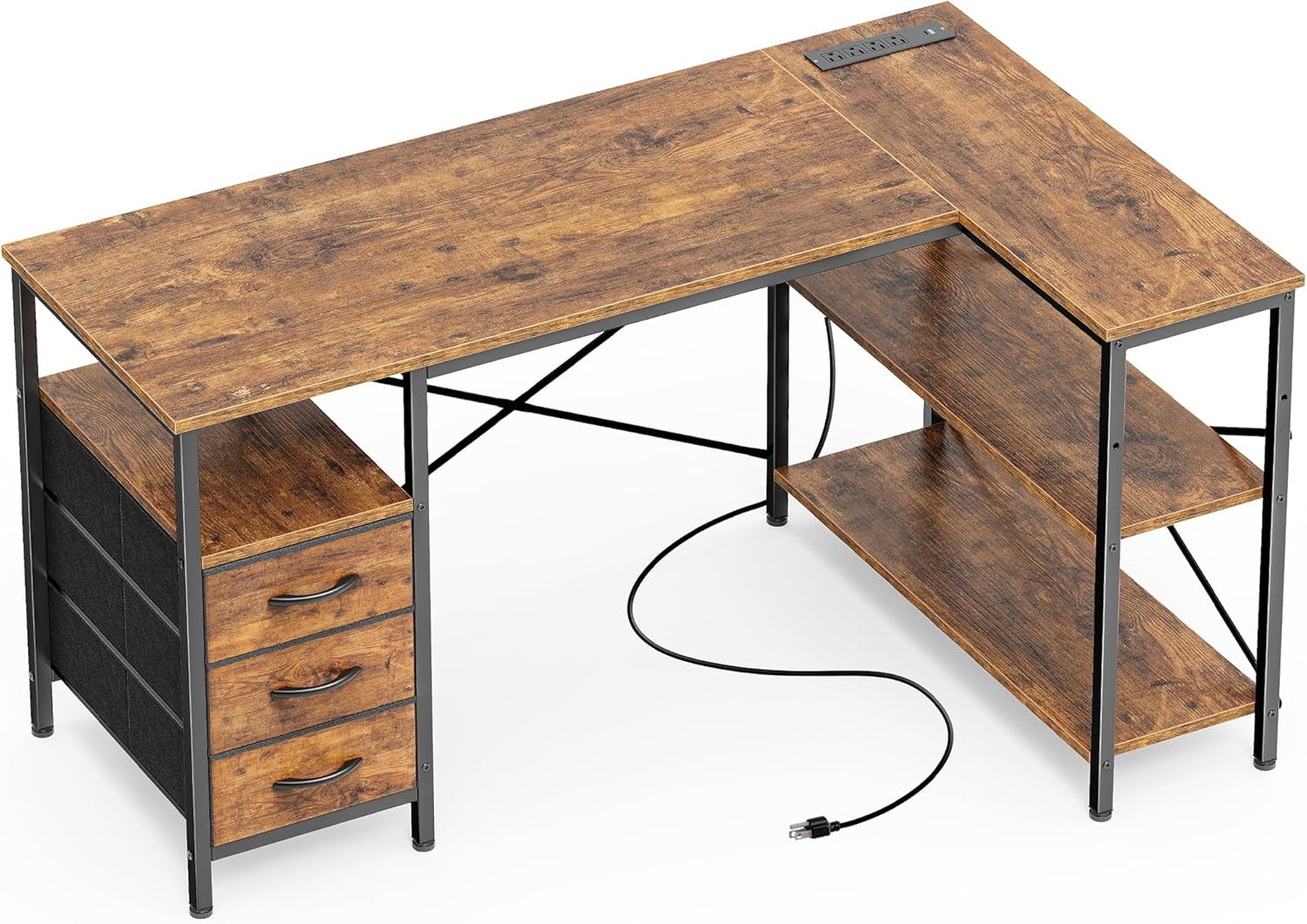 L Shaped Office Desk with Power Outlets | 47 Inch Computer Desk with 3 Drawers,