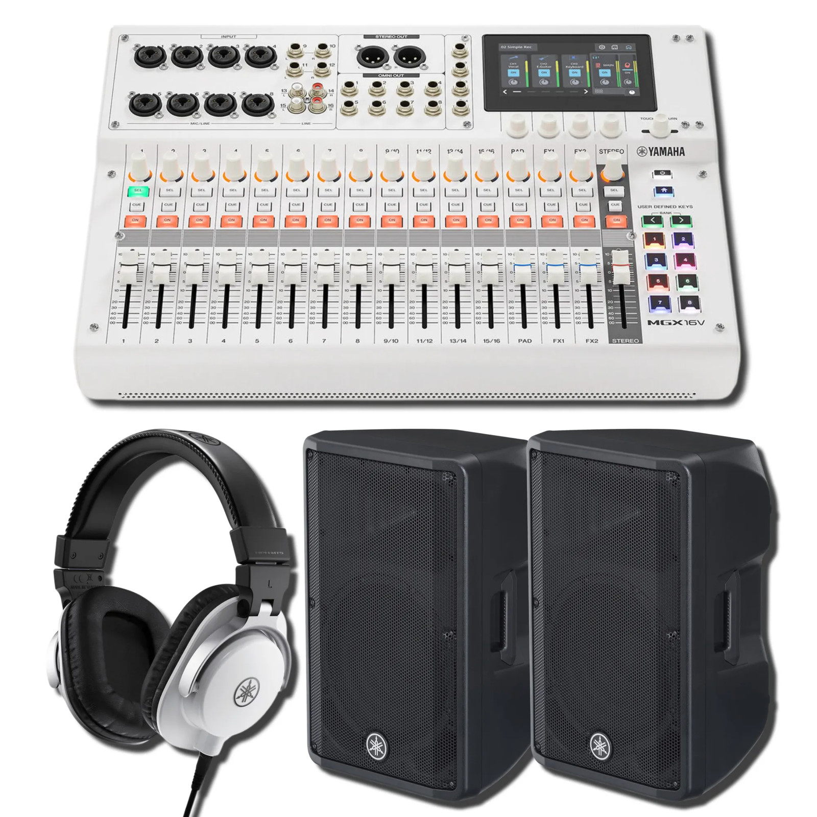 Yamaha MGX16V W 22-Ch Digital Mixer w/ 2x DBR12 1000W Speakers & HPH-MT5W