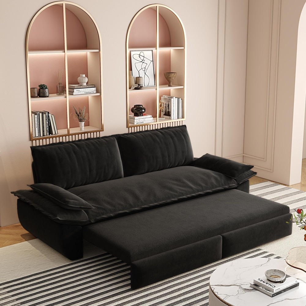 Queen Sofa Bed Pull Out Sleeper 3-in-1 Convertible Velvet Loveseat Black