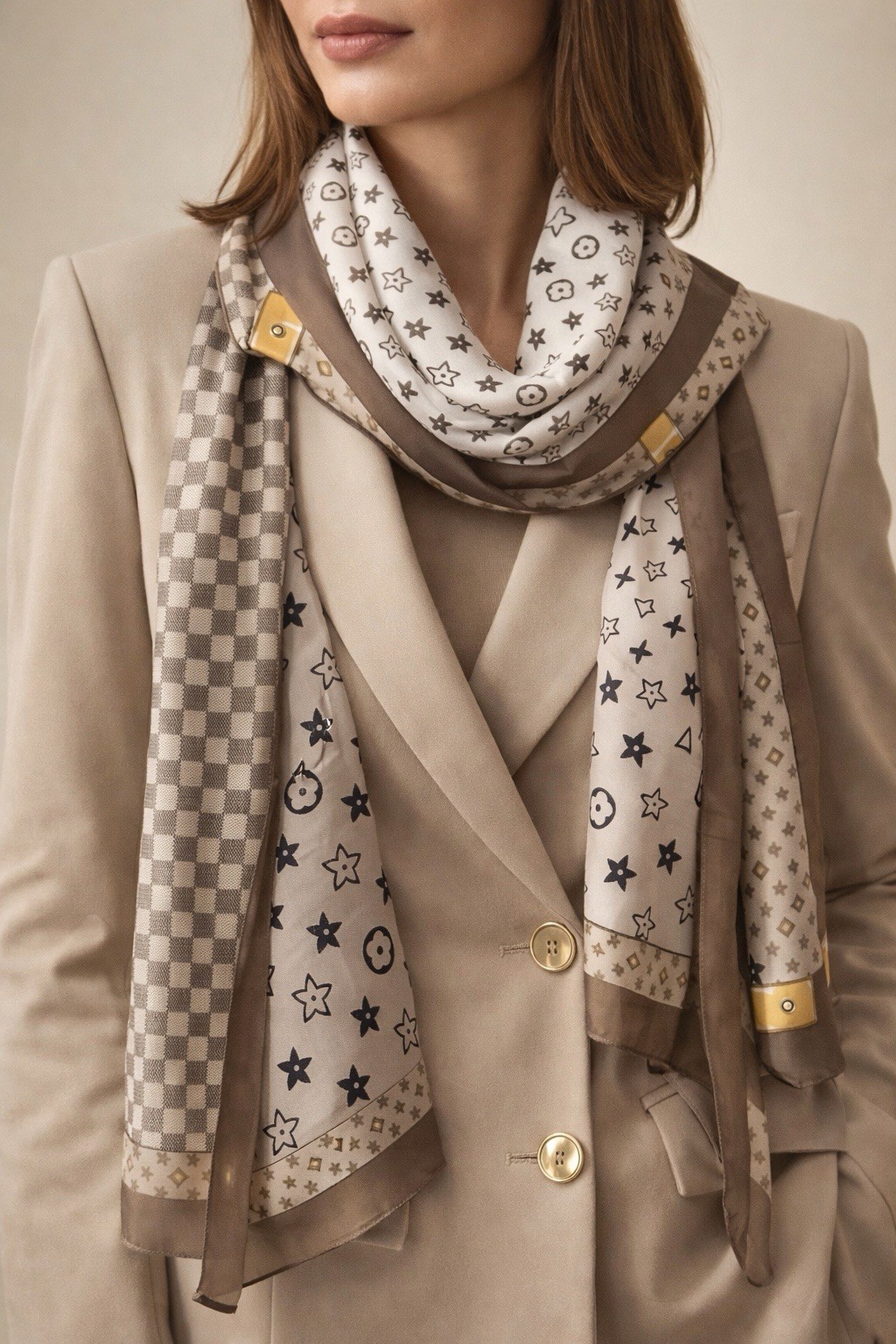 Long Plaid  Star Patterned Scarf Khaki Brown Gold