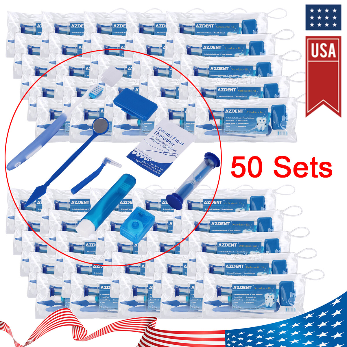 50sets Dental Ortho Brush Ties Toothbrush Interdental brush Floss Kit AZDENT USA