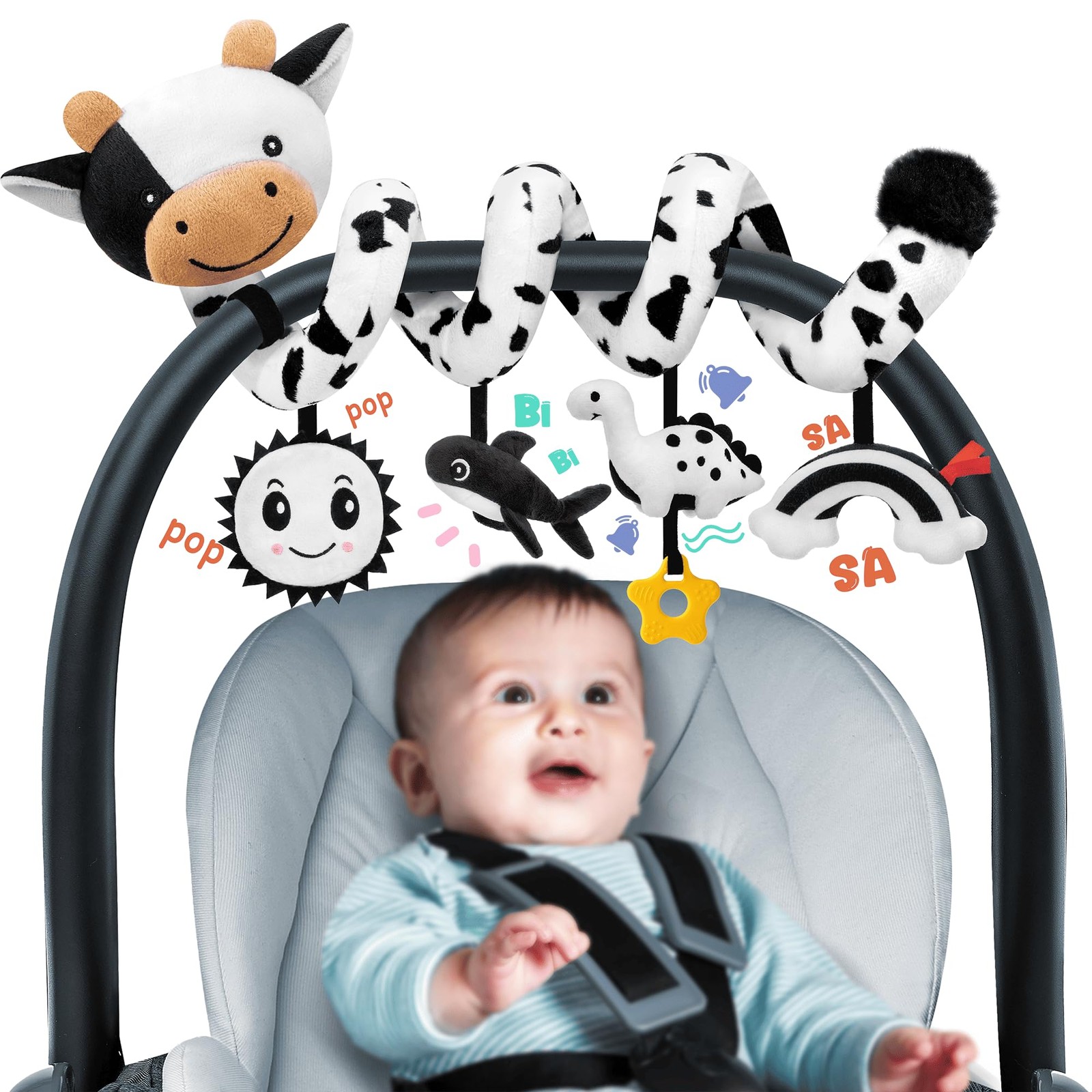 Spiral Car Seat Baby Toys 0-6 Months, Infant Carseat Small to Medium, Milk