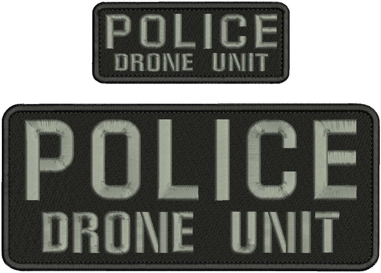 POLICE DRONE UNIT EMBROIDERY PATCH 4X10 AND 2X5 Velcr@ On Back Gray On Black