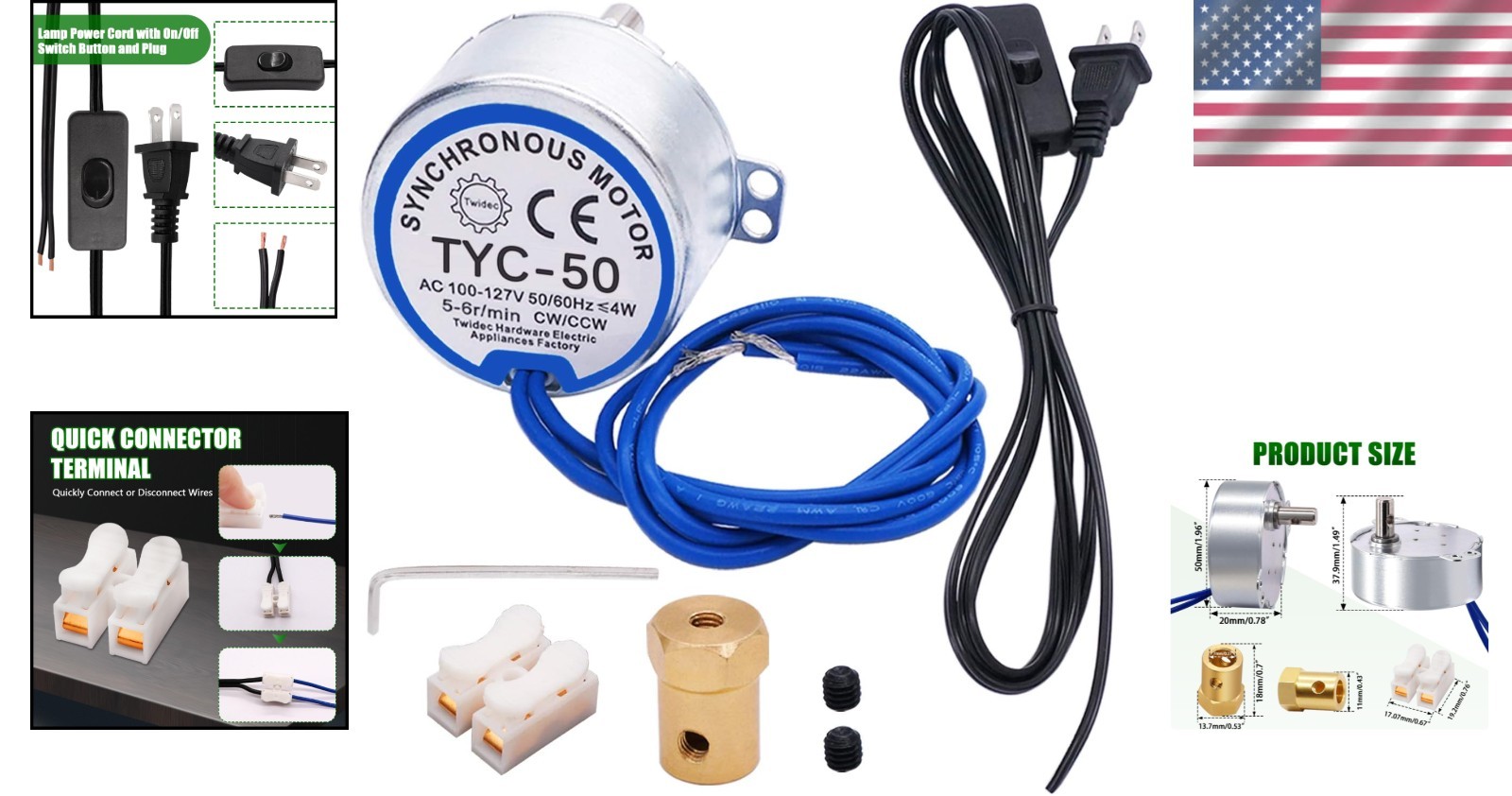 Efficient 4W AC Synchronous Turntable Motor with Quick-connect Cord & Coupling