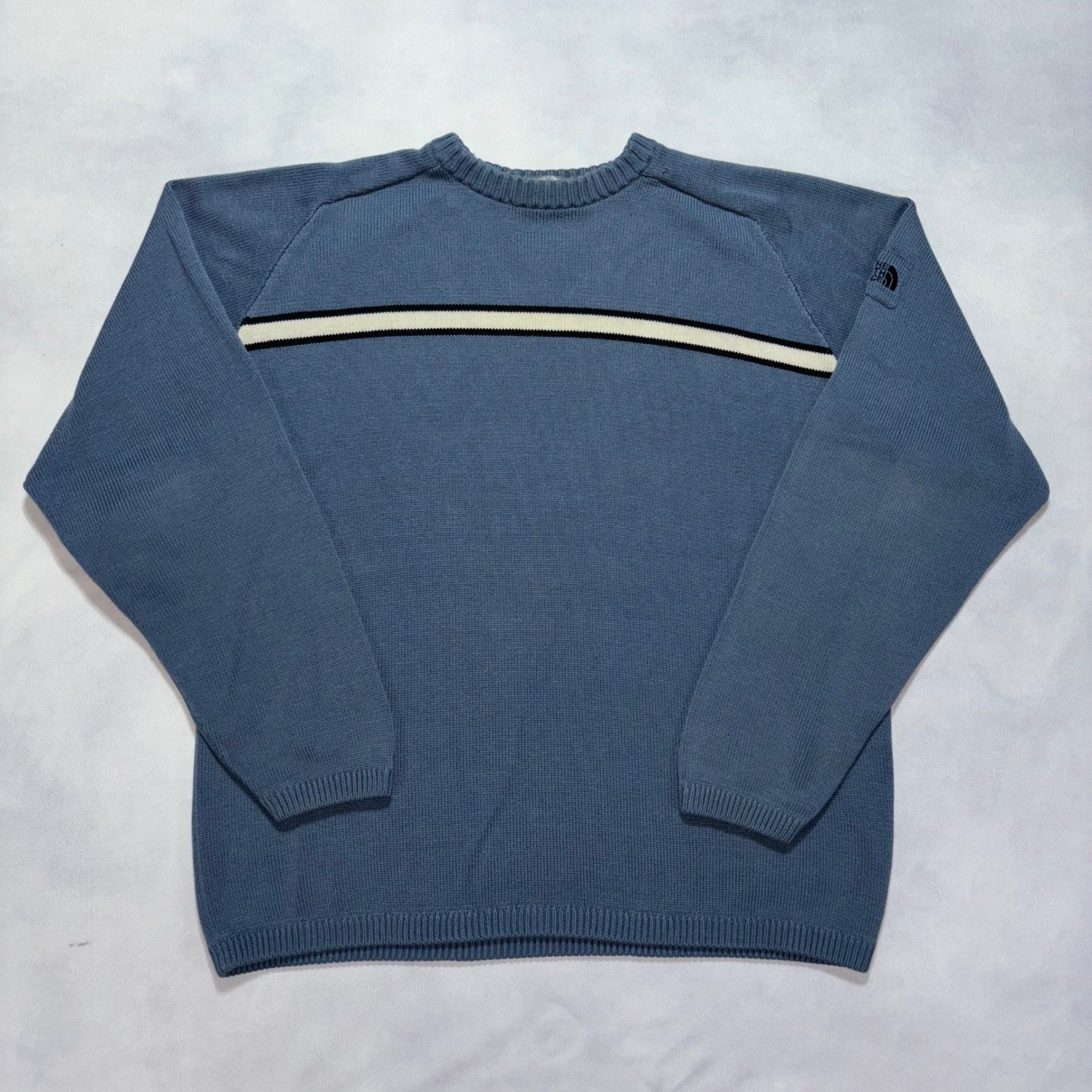 Vintage The North Face Crew Neck Knit Sweater Mens Large Blue Chest Stripe Y2K