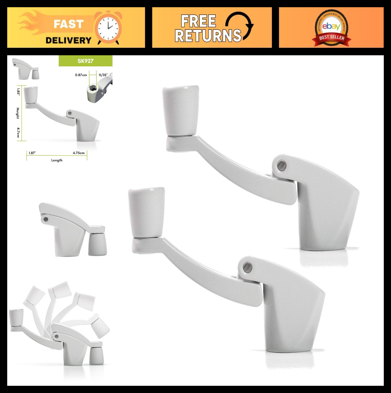 Folding Window Crank Handle 11/32” Spline, White, 2-Pack - Easy Installation & D