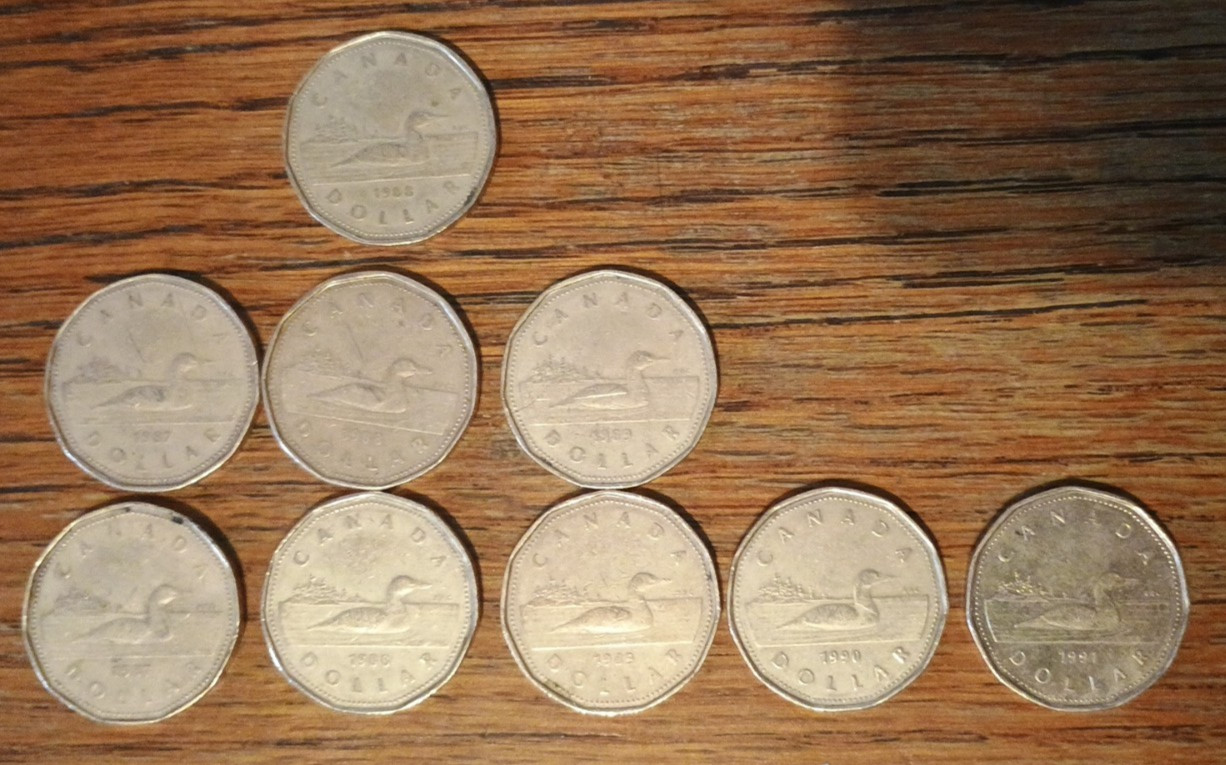Lot of (9) Canada One $1 Dollar (Loonie) Coins 1987-1991