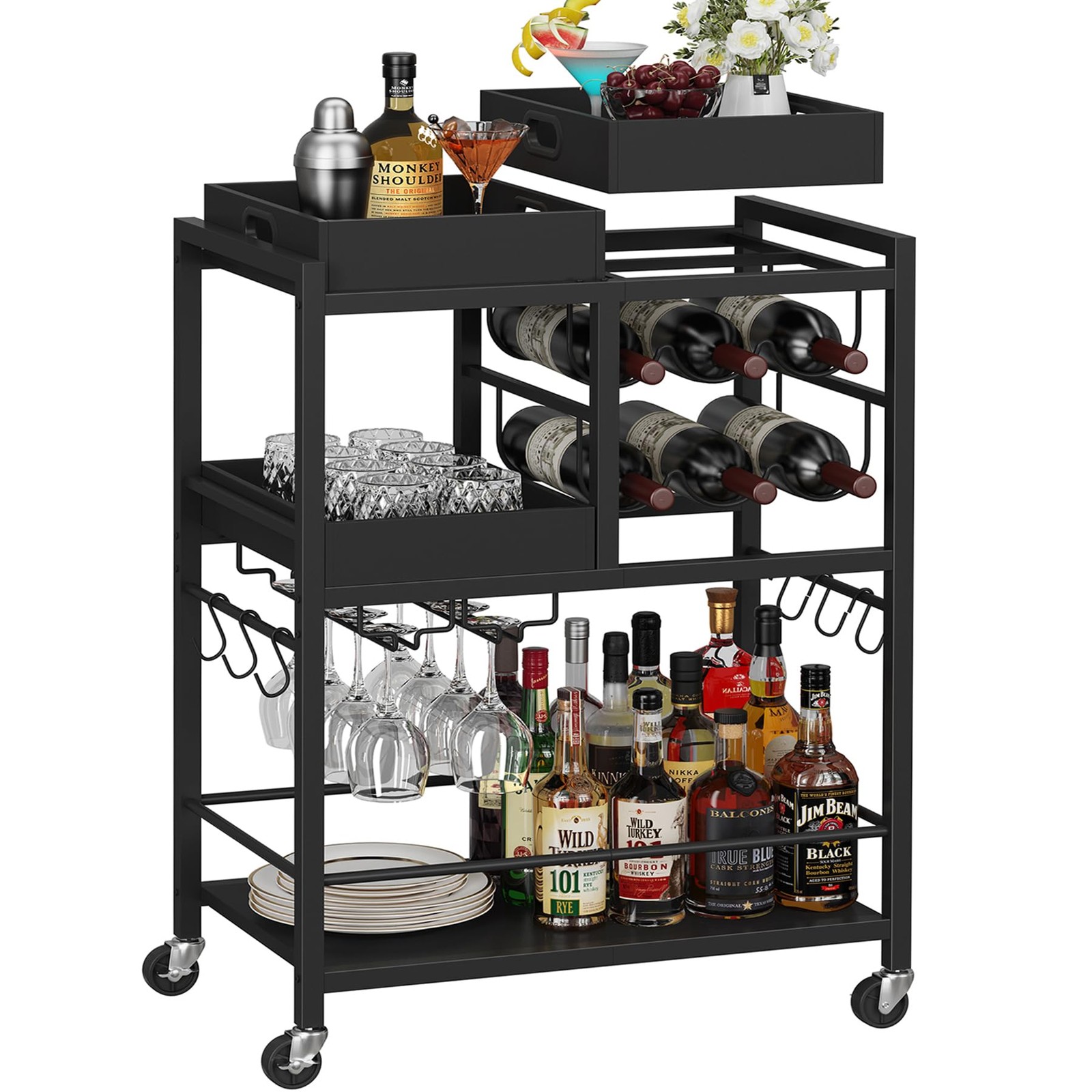 Bar Cart, Home Bar Serving Cart, 3-Tier Kitchen Cart on Wheels, Rolling Bever...