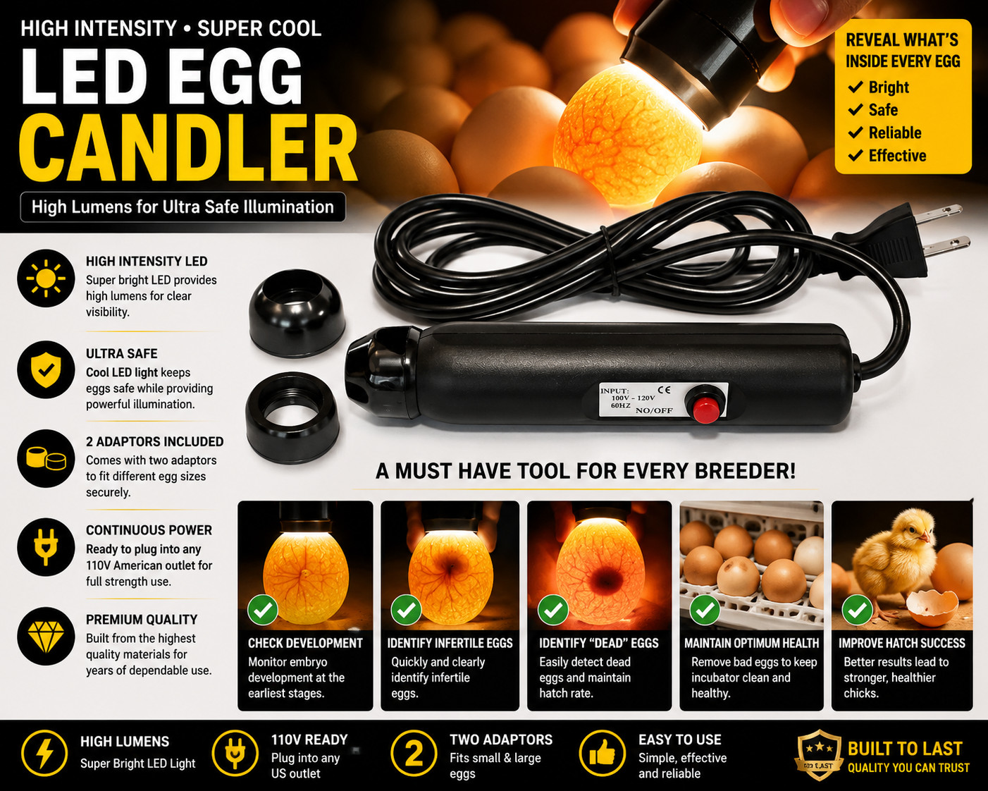 High Intensity LED Egg Candler Incubator Hatchery Light with 2 Adaptors