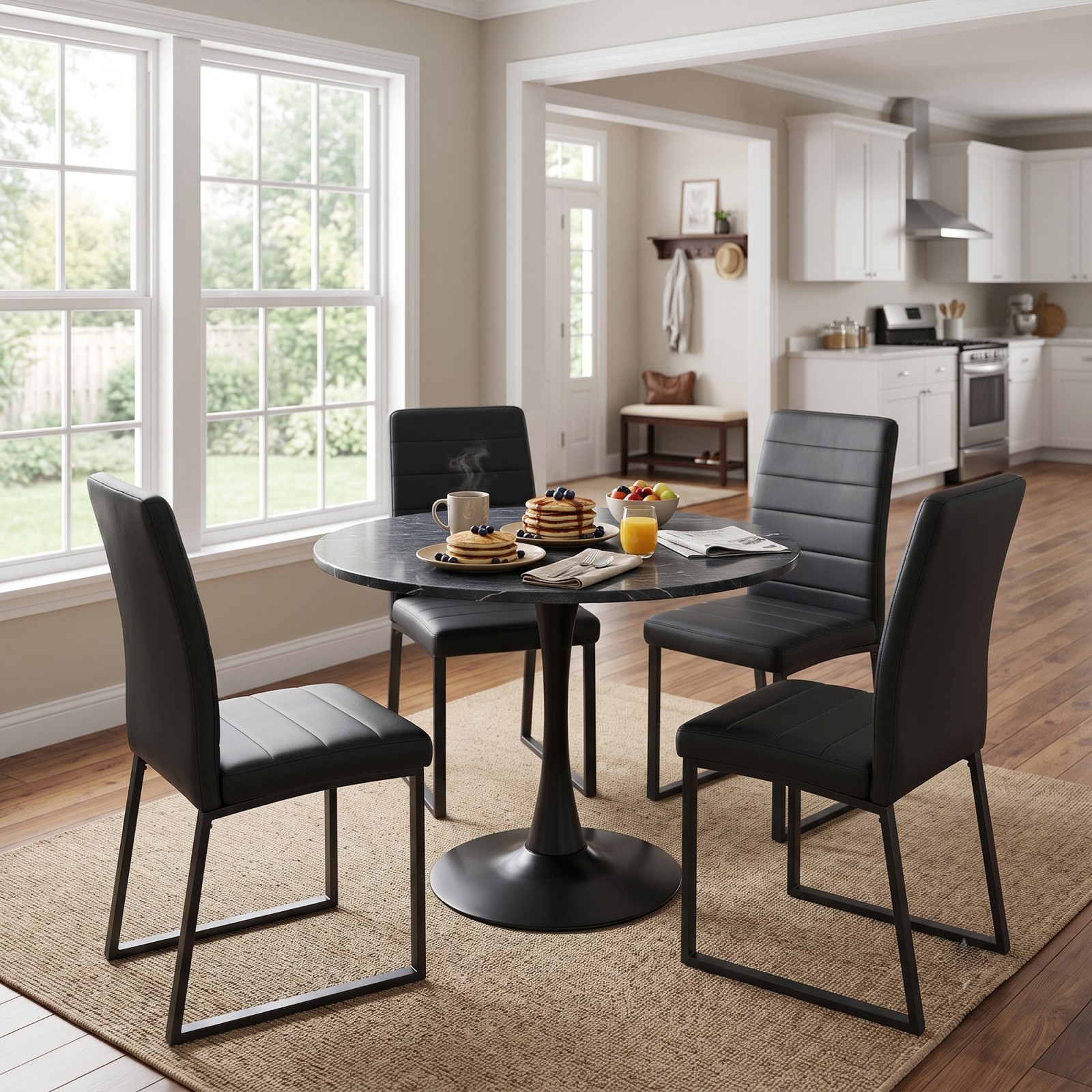 31.5" Round Dining Table & 4 Chairs Set, Faux Marble Top Black