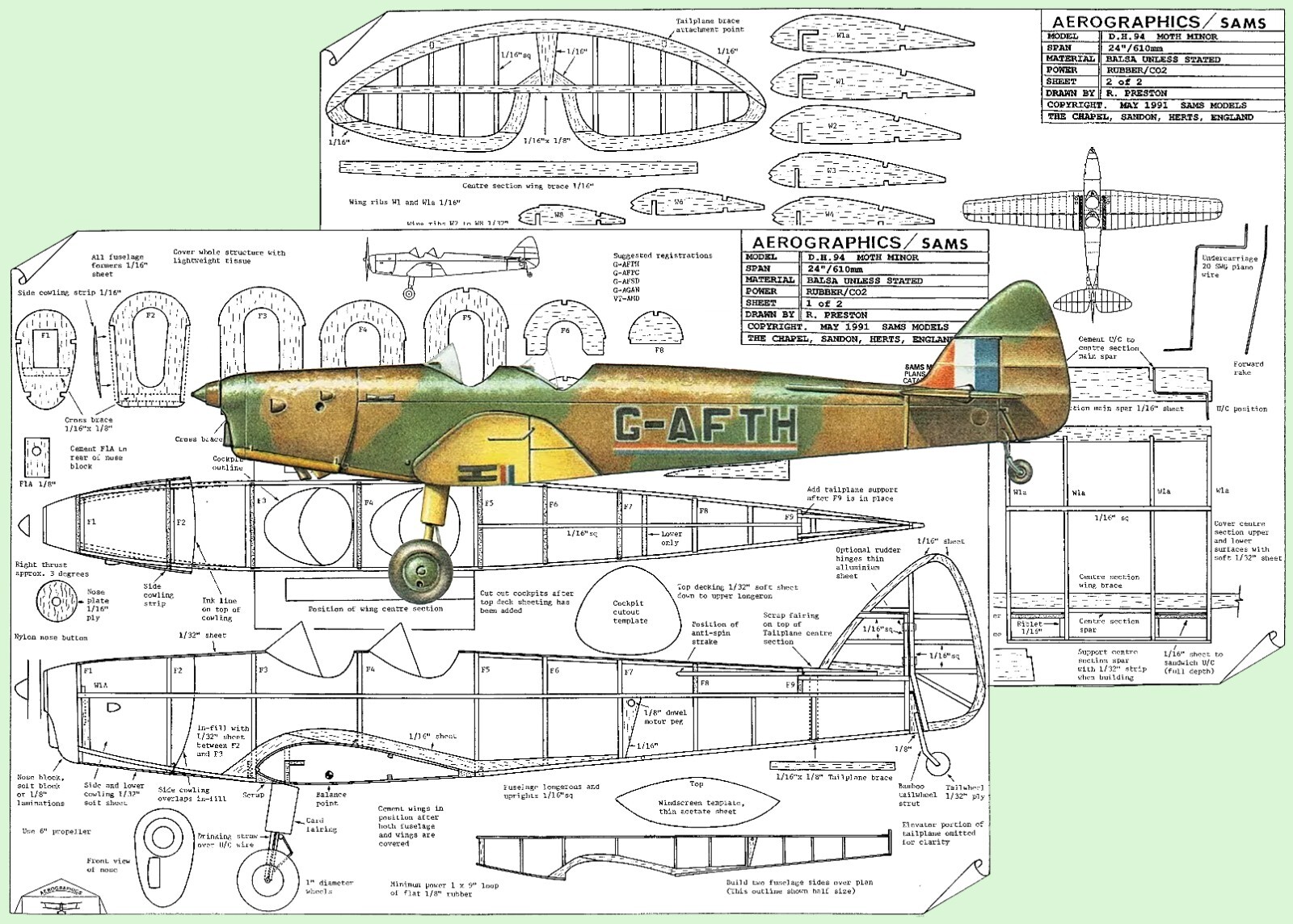 Aerographics Model Airplane Plans (FF): D.H. Moth Minor 24" Scale Rubber-Powered