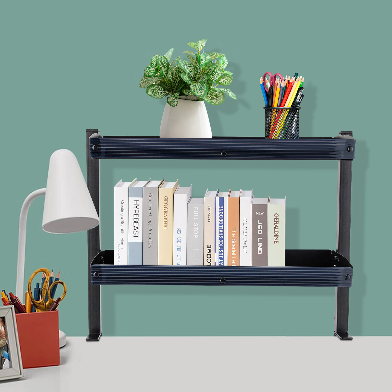2-Tier Black Clip-on Desktop Organizer Desk ShelvingTable Adjustable StorageTray