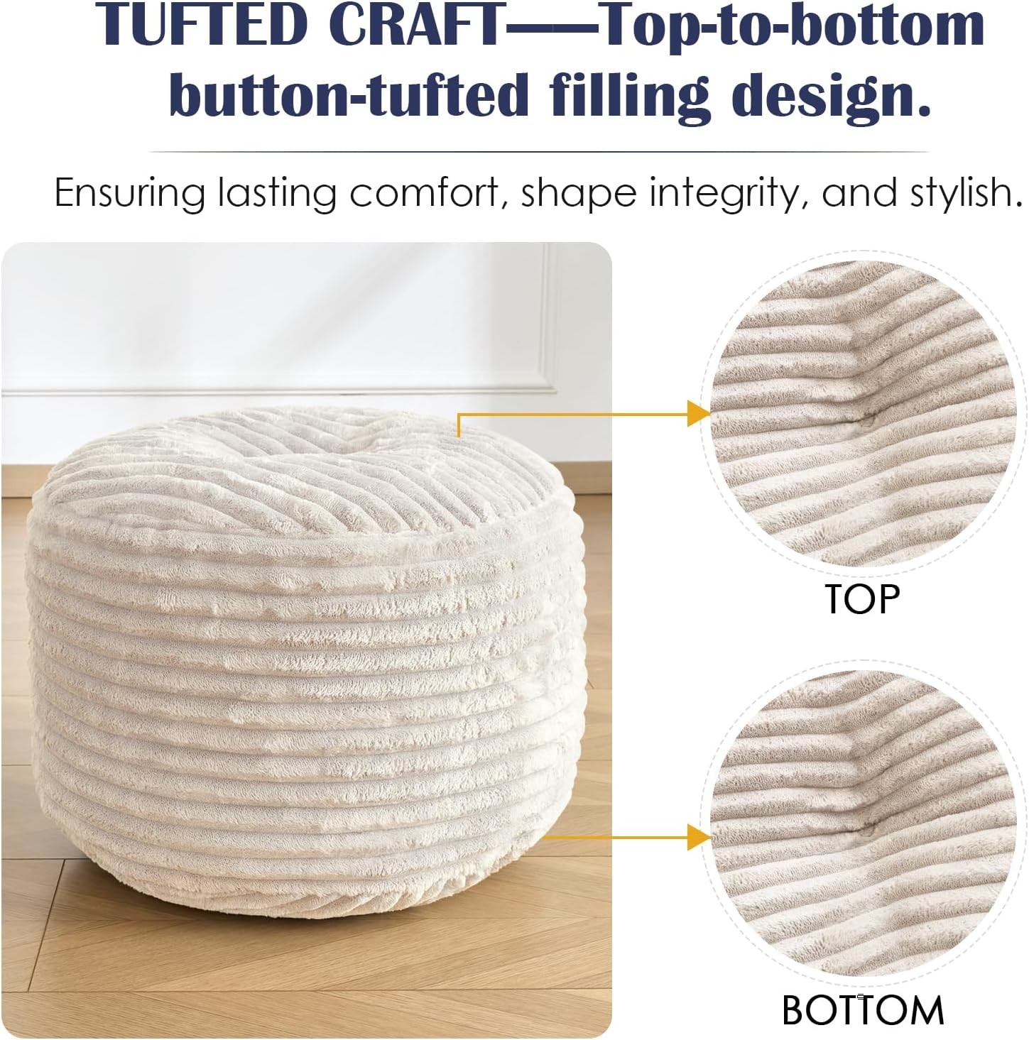 SHOUREN Round Pouf Ottoman Corduroy Foot Rest Fluffy Storage 20x15in Beige