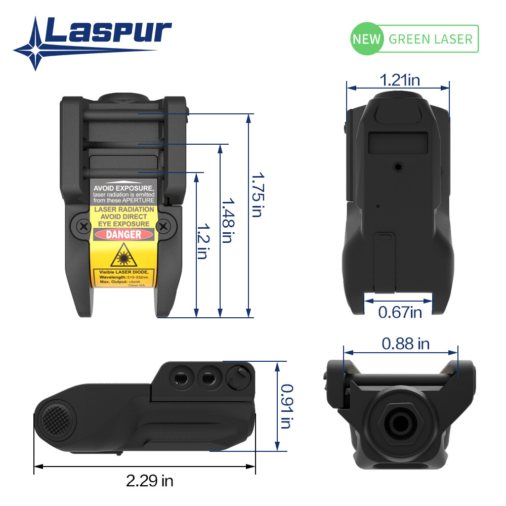 Laspur Sub Compact Tactical Rail Mount Low Profile Green Laser Sight