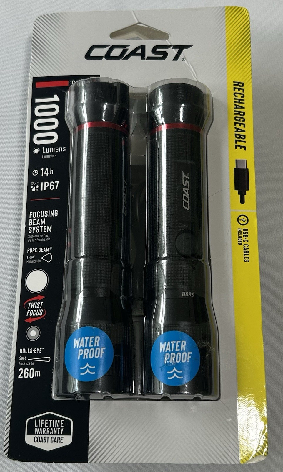 Coast G60R 1000 Lumen Waterproof Rechargeable LED Flashlight, 2-Pack
