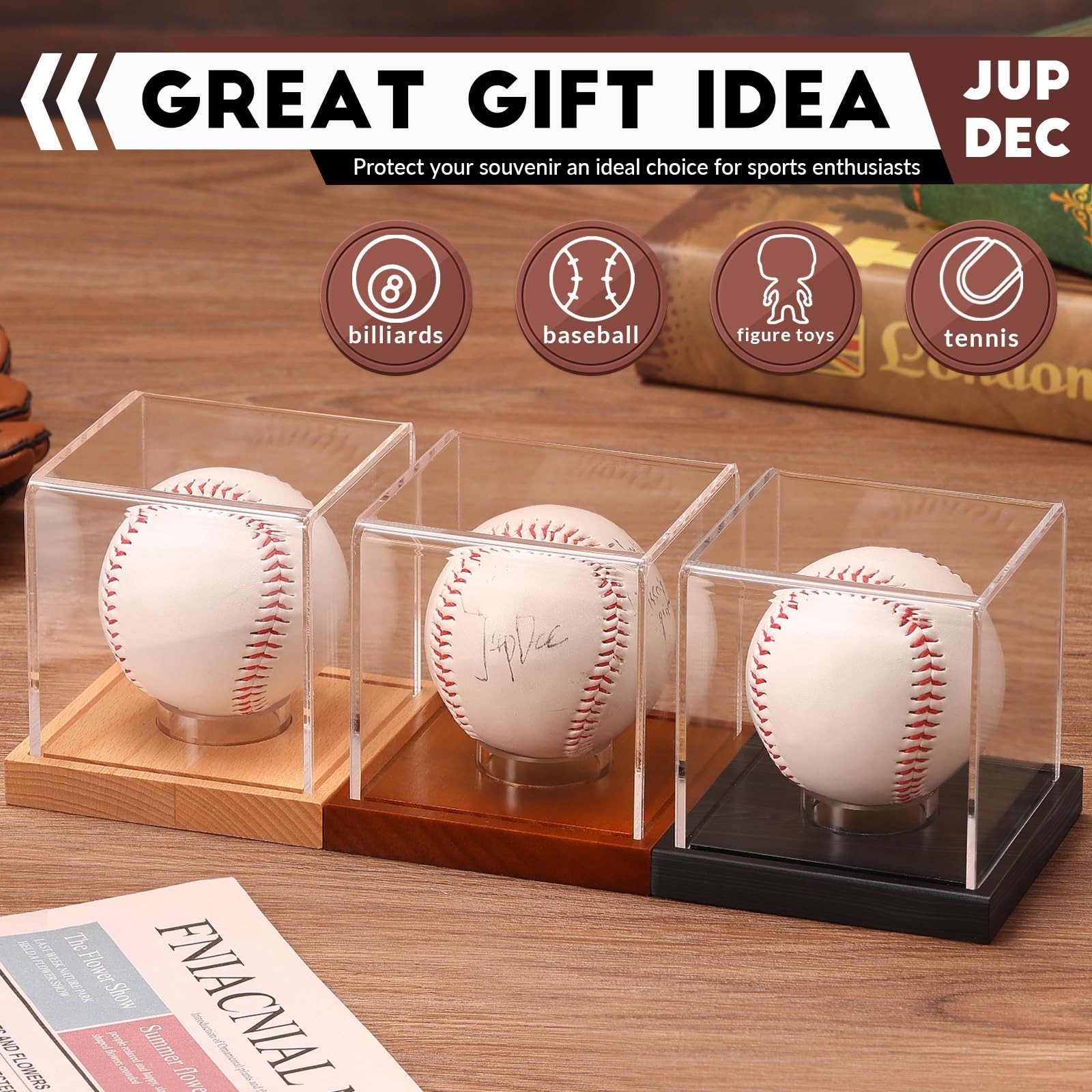 JupDec Baseball Display Case, Clear Cube Holder with 1 Pack, Black